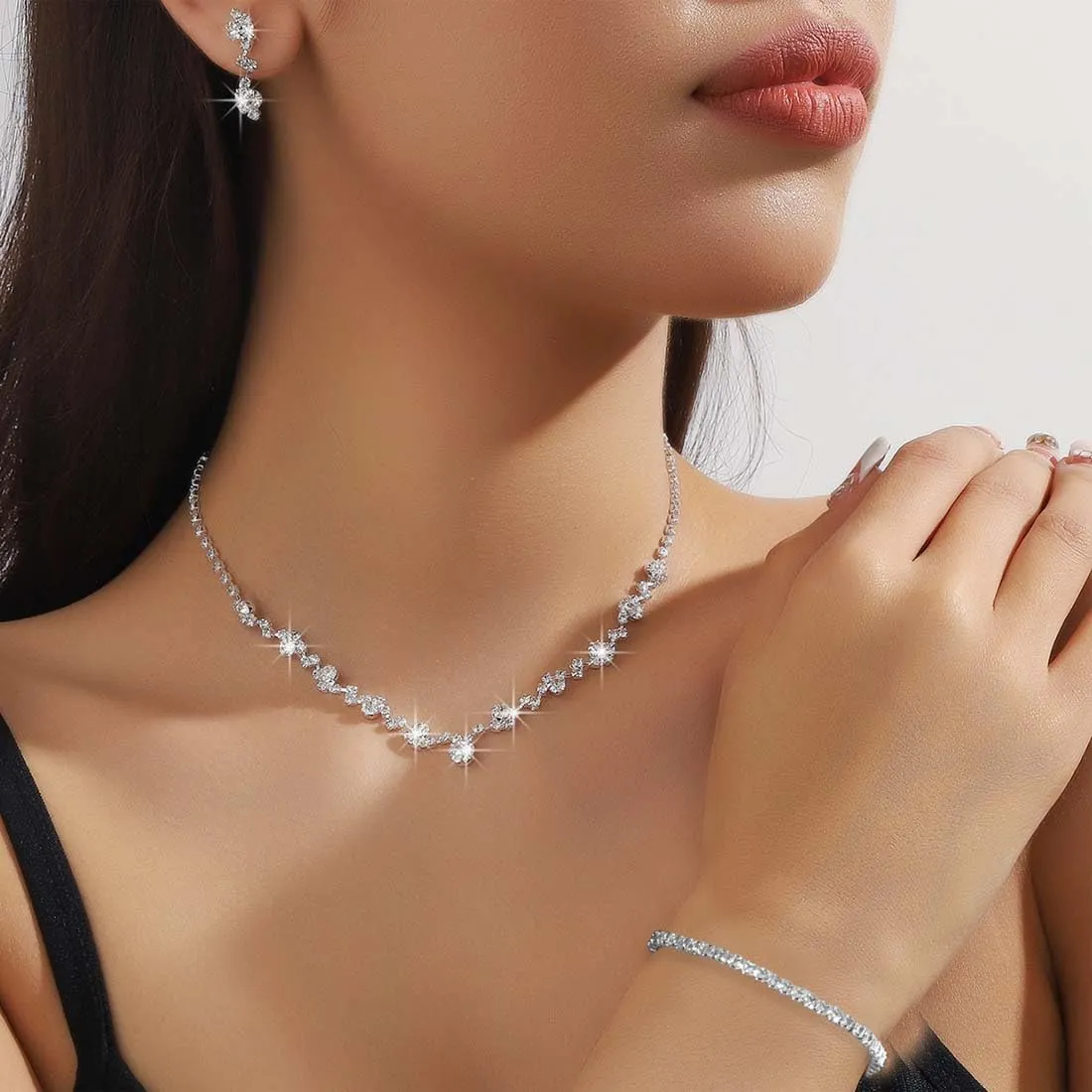 UZYXC Set Gioielli Sposa Argento con Collana, Orecchini e Bracciale in Cristallo - immagine 5