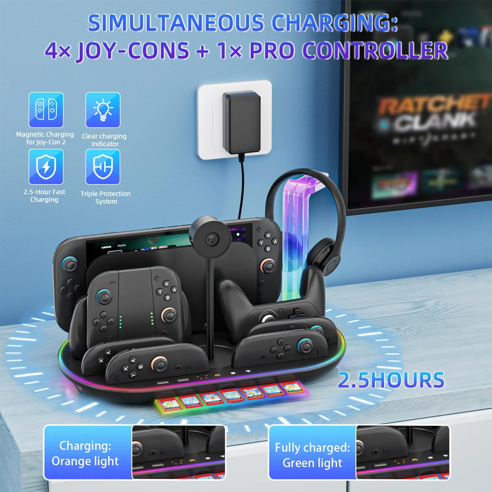 Dobewingdelou Stazione di ricarica per Switch 2 con ventola di raffreddamento, caricabatterie per JoyCon e Pro Controller, luce RGB, 2 porte USB e 7 slot per schede di gioco, nero - immagine 2