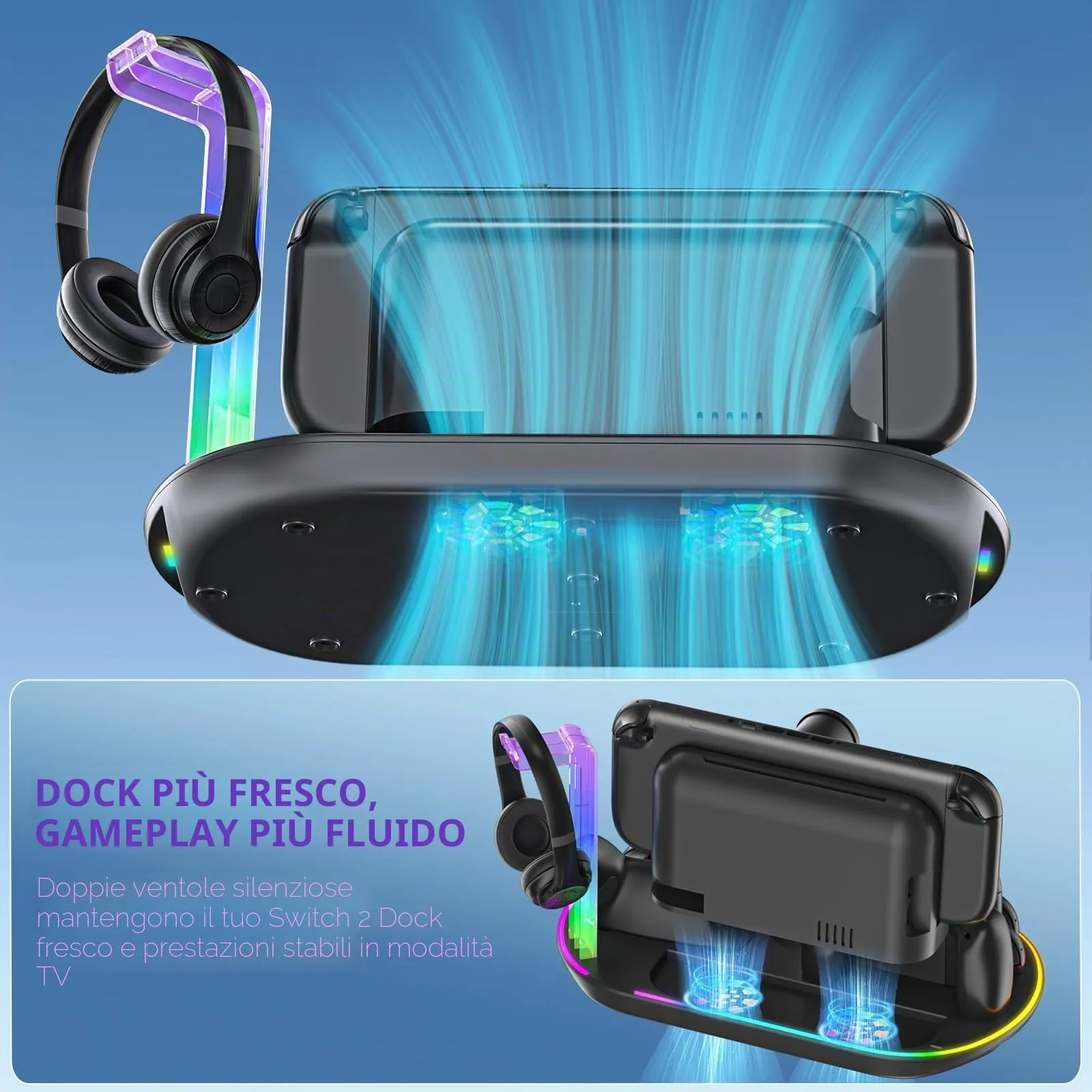 Dobewingdelou Stazione di ricarica per Switch 2 con ventola di raffreddamento, caricabatterie per JoyCon e Pro Controller, luce RGB, 2 porte USB e 7 slot per schede di gioco, nero - immagine 3