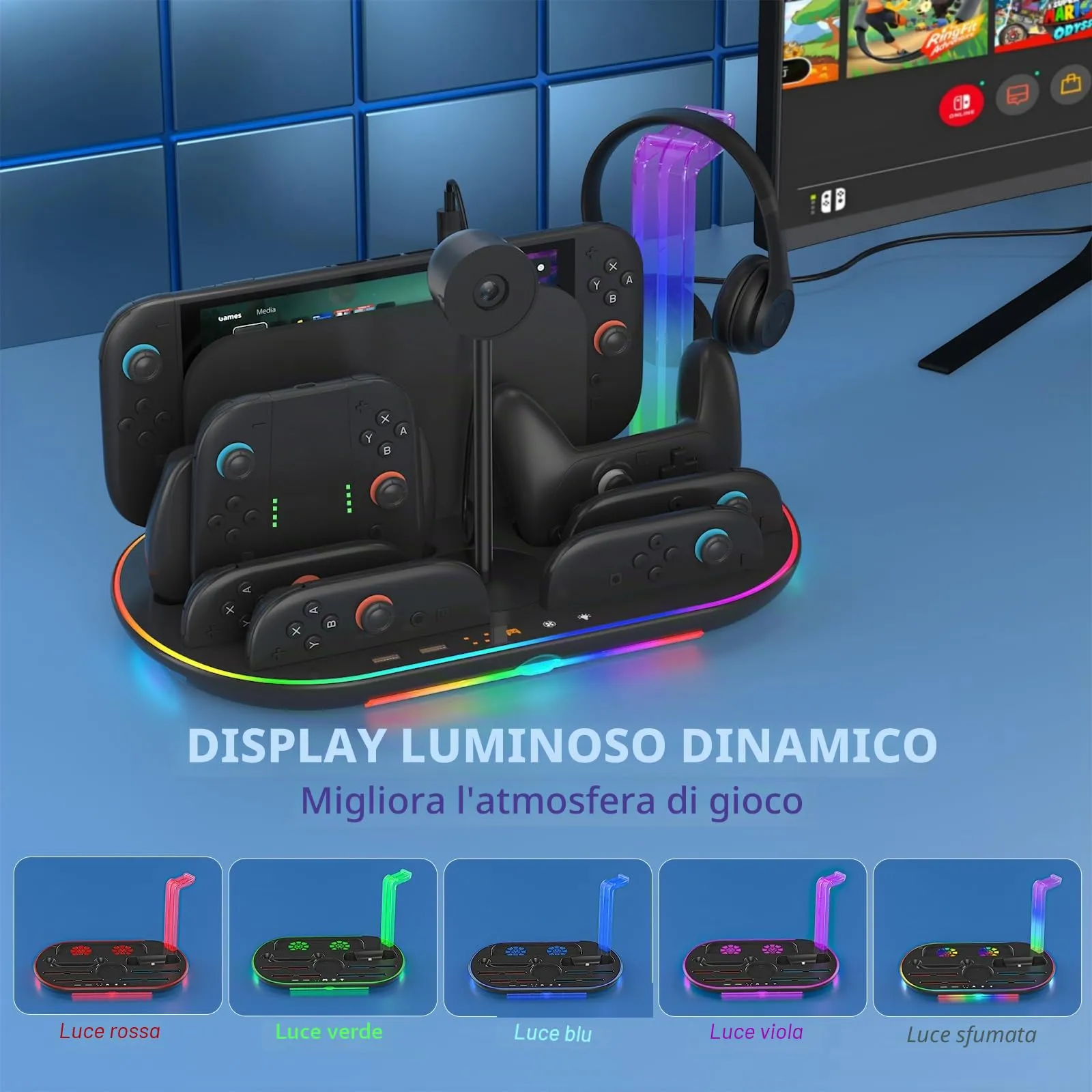 Dobewingdelou Stazione di ricarica per Switch 2 con ventola di raffreddamento, caricabatterie per JoyCon e Pro Controller, luce RGB, 2 porte USB e 7 slot per schede di gioco, nero - immagine 4