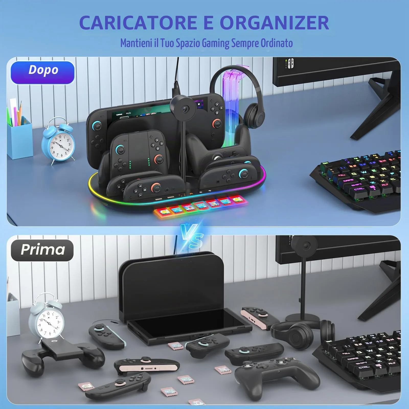 Dobewingdelou Stazione di ricarica per Switch 2 con ventola di raffreddamento, caricabatterie per JoyCon e Pro Controller, luce RGB, 2 porte USB e 7 slot per schede di gioco, nero - immagine 5