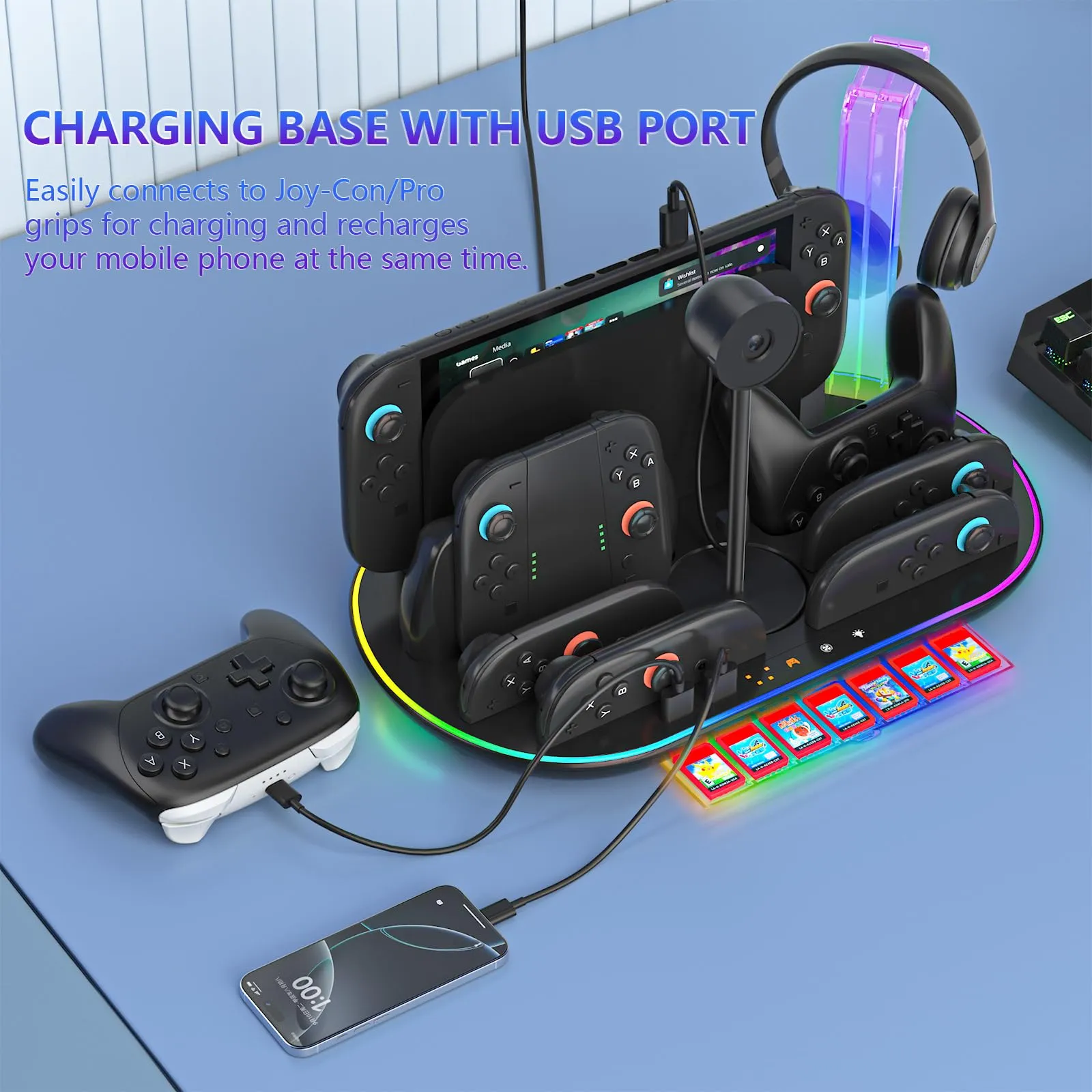 Dobewingdelou Stazione di ricarica per Switch 2 con ventola di raffreddamento, caricabatterie per JoyCon e Pro Controller, luce RGB, 2 porte USB e 7 slot per schede di gioco, nero - immagine 6