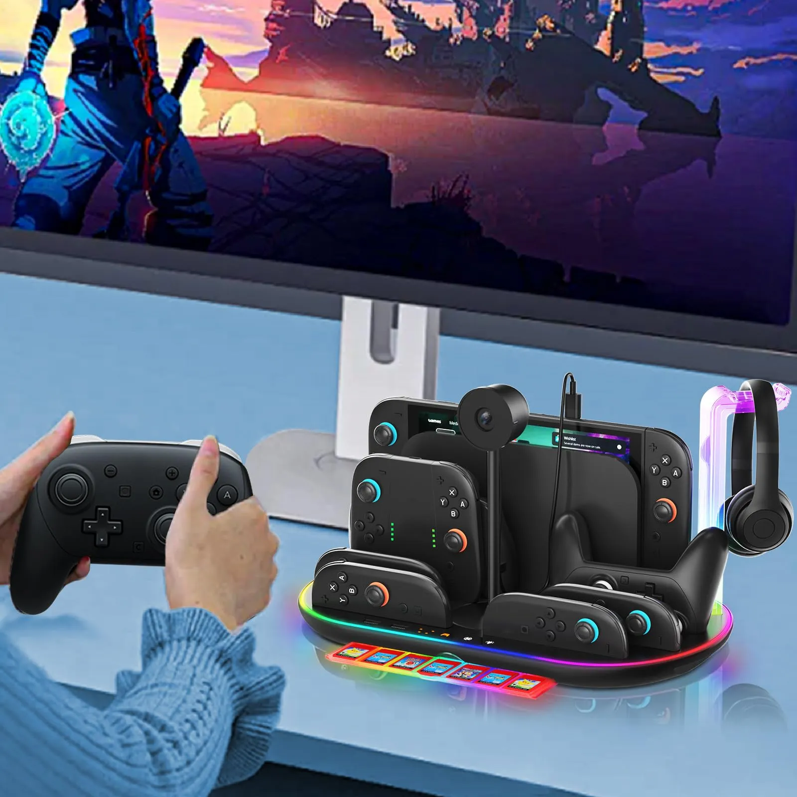 Dobewingdelou Stazione di ricarica per Switch 2 con ventola di raffreddamento, caricabatterie per JoyCon e Pro Controller, luce RGB, 2 porte USB e 7 slot per schede di gioco, nero - immagine 7