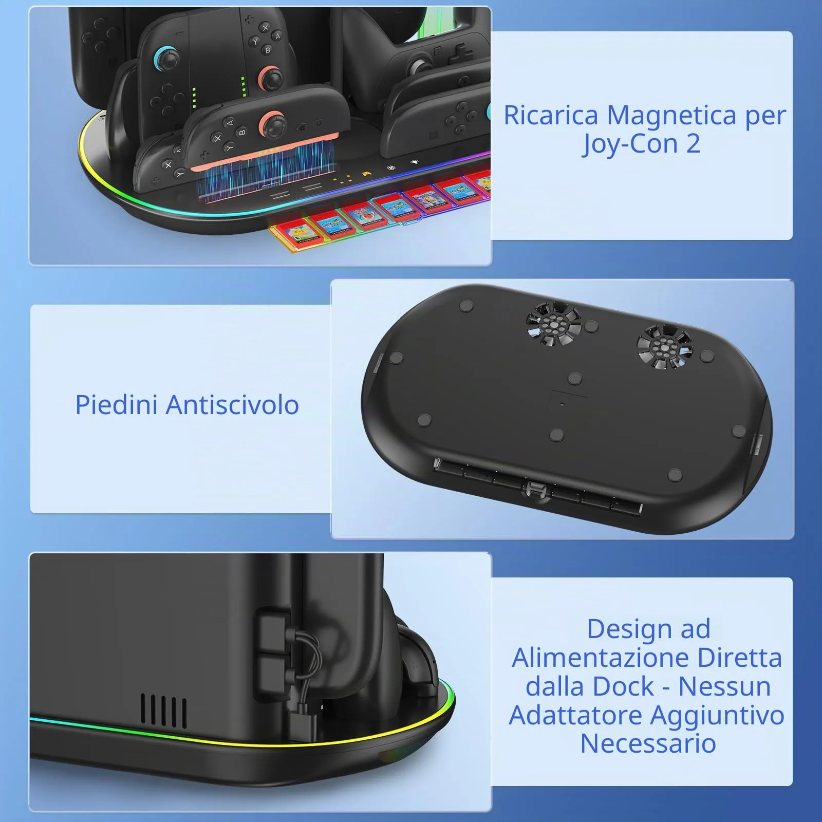 Dobewingdelou Stazione di ricarica per Switch 2 con ventola di raffreddamento, caricabatterie per JoyCon e Pro Controller, luce RGB, 2 porte USB e 7 slot per schede di gioco, nero - immagine 8