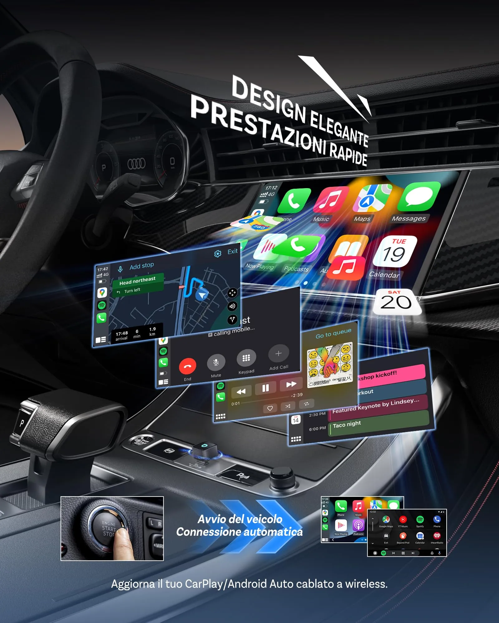Ottocast Mini 3.0 Slim 2026 Adattatore Wireless per CarPlay e Android Auto, Nero - immagine 2