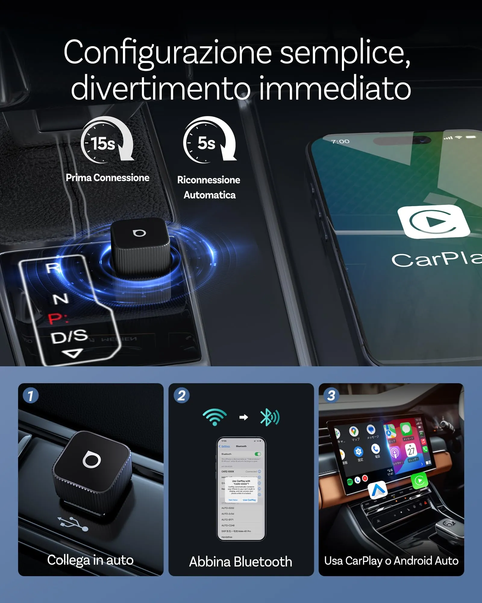 Ottocast Mini 3.0 Slim 2026 Adattatore Wireless per CarPlay e Android Auto, Nero - immagine 7