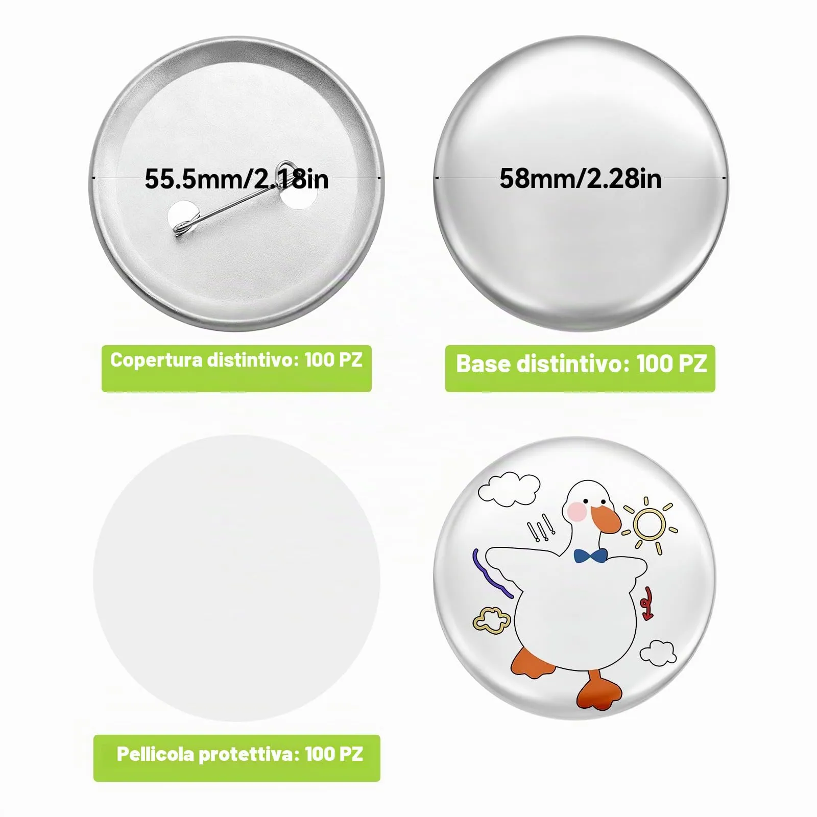 PWGHWG Set di 100 Pulsanti Grezzi in Metallo da 58mm con Spilla di Sicurezza per Macchina per Pulsanti - immagine 2