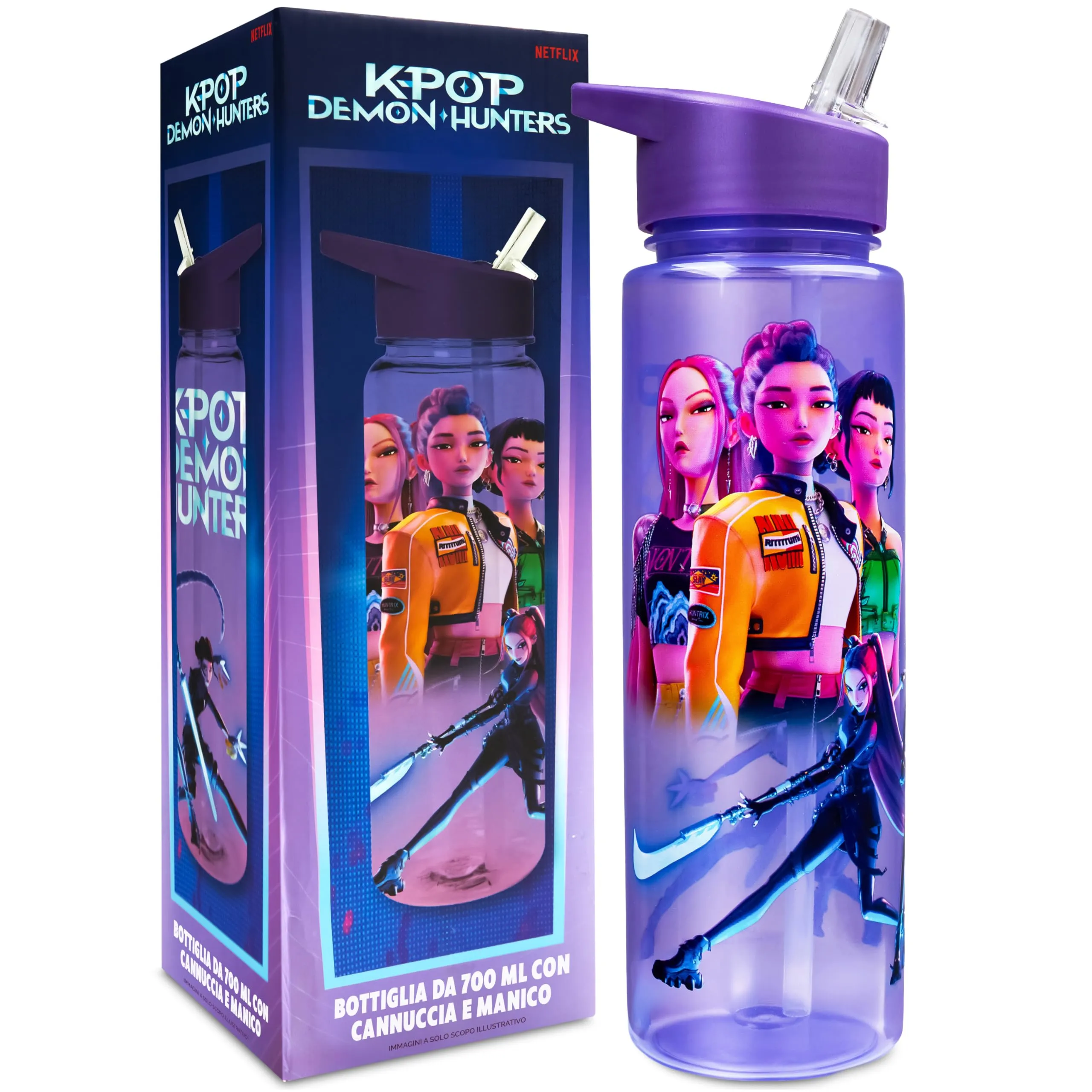 KPop Demon Hunters Borraccia Huntrix per Bambina 700ml, Plastica Senza BPA con Cannuccia, Rumi Zoey Mira - immagine 1