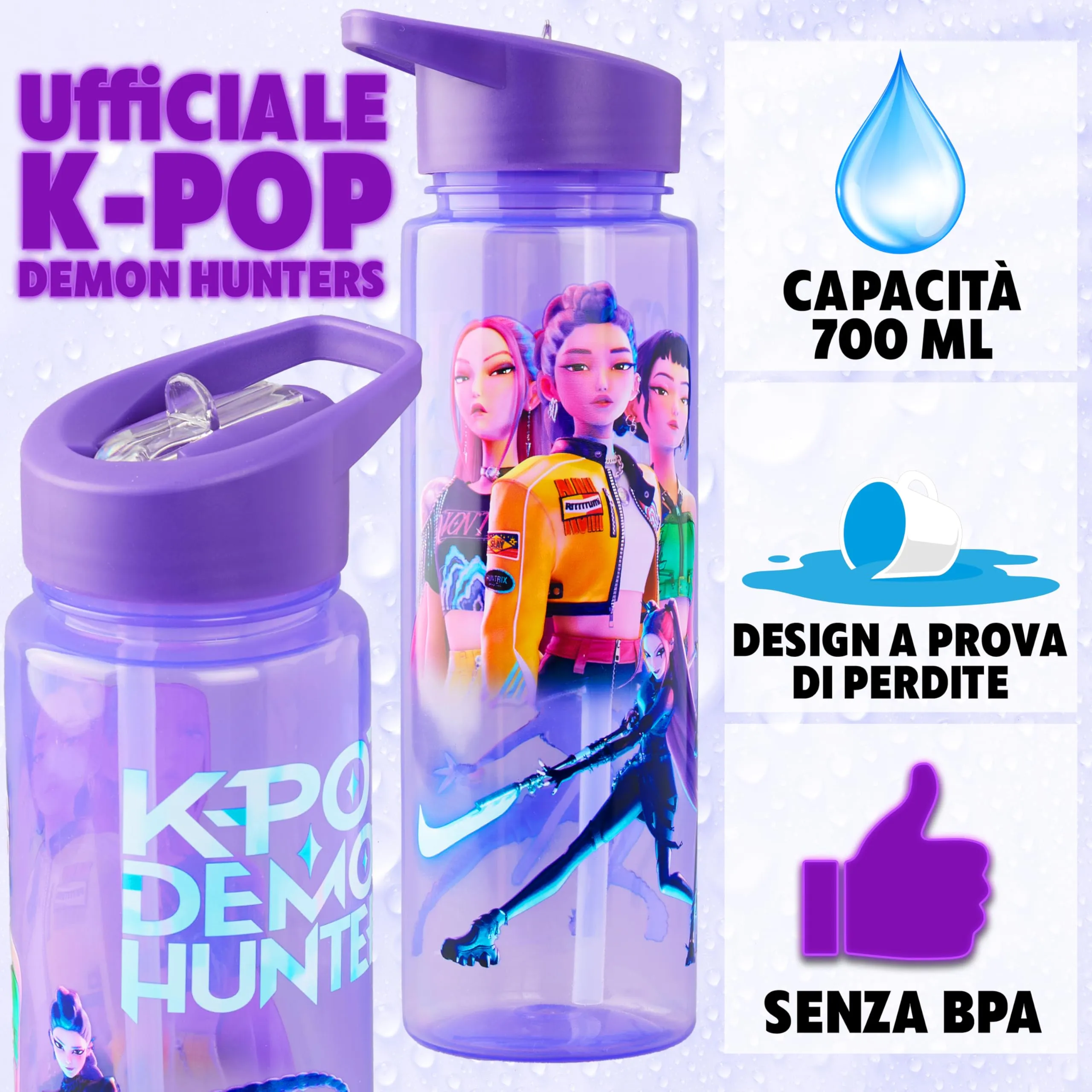 KPop Demon Hunters Borraccia Huntrix per Bambina 700ml, Plastica Senza BPA con Cannuccia, Rumi Zoey Mira - immagine 2