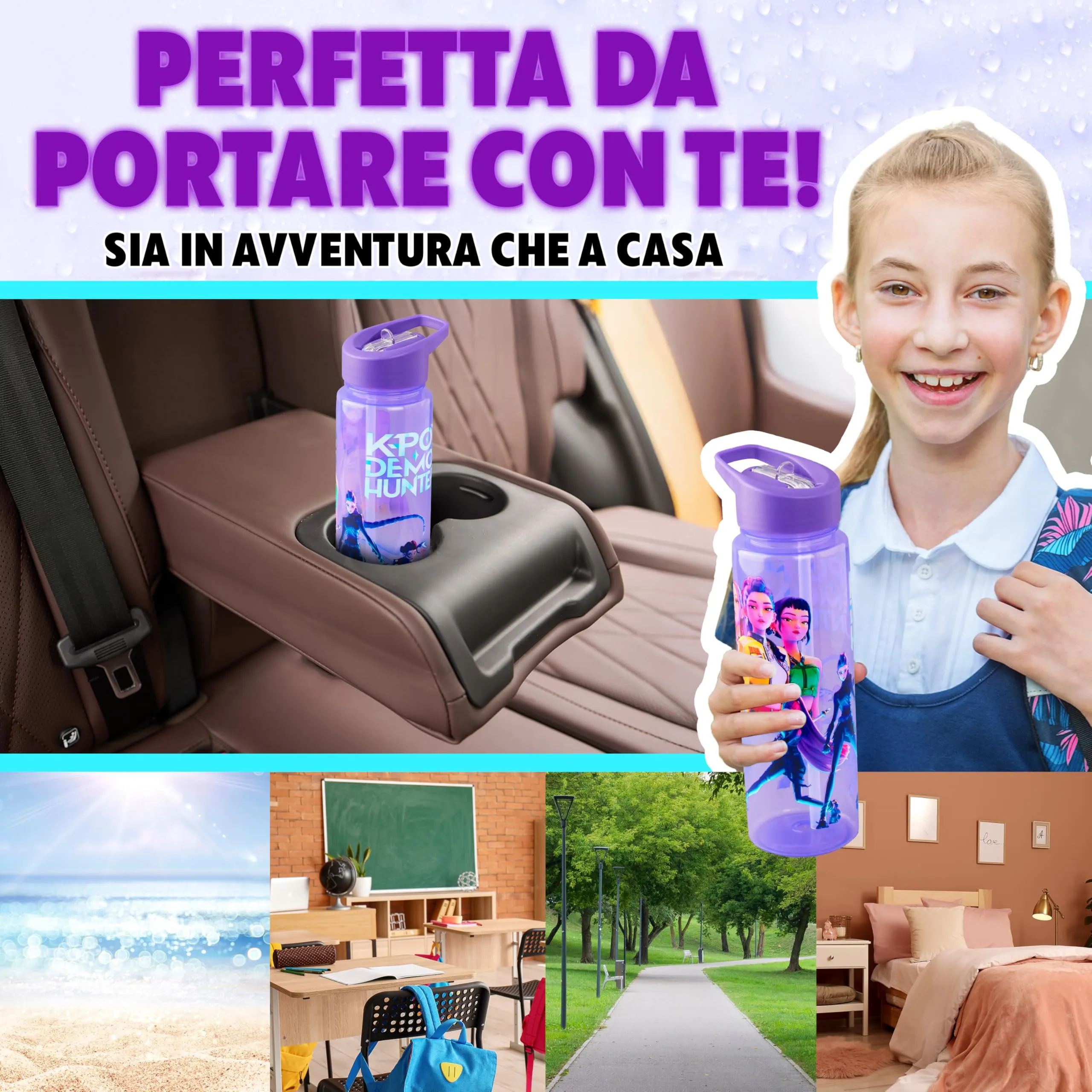 KPop Demon Hunters Borraccia Huntrix per Bambina 700ml, Plastica Senza BPA con Cannuccia, Rumi Zoey Mira - immagine 3