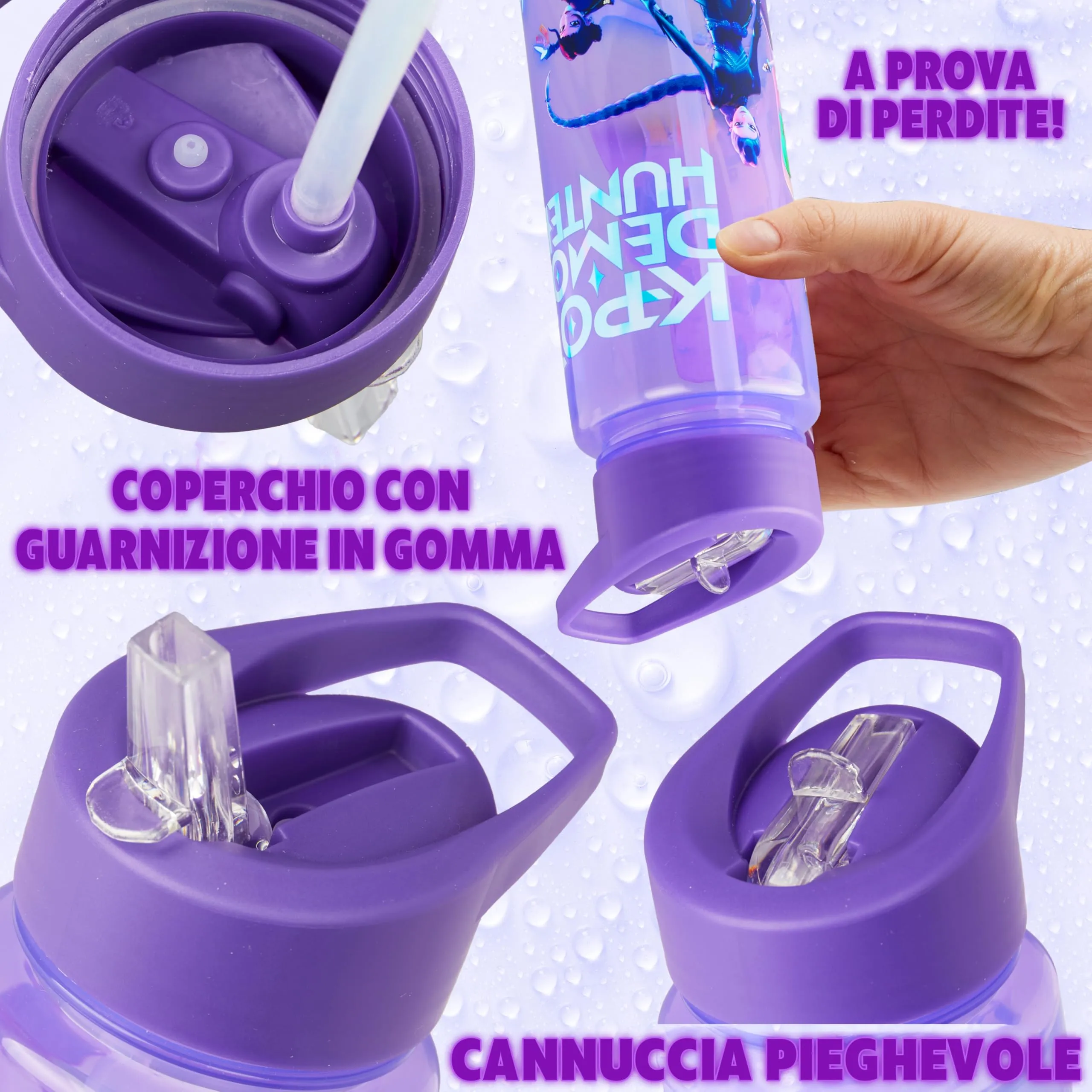 KPop Demon Hunters Borraccia Huntrix per Bambina 700ml, Plastica Senza BPA con Cannuccia, Rumi Zoey Mira - immagine 4