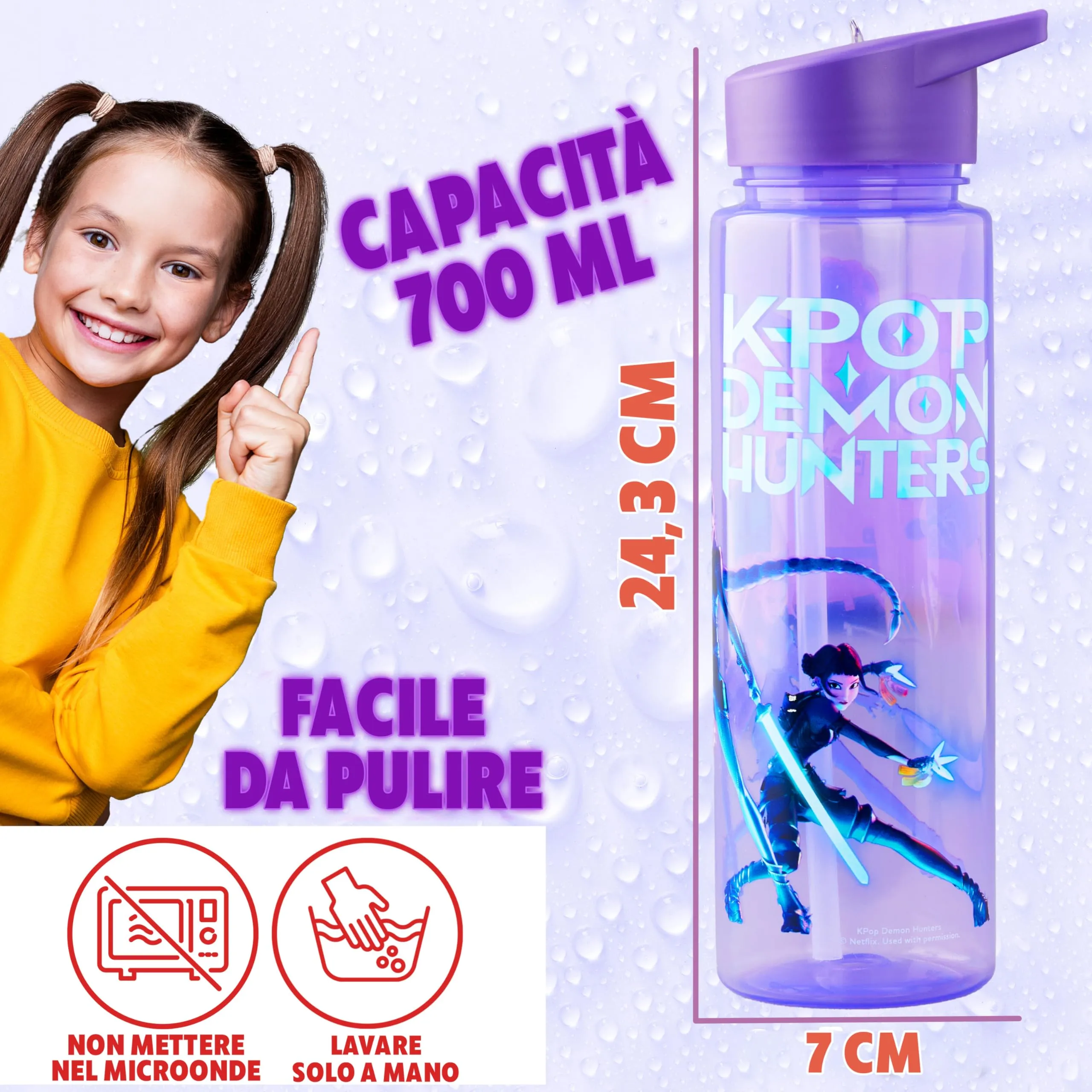 KPop Demon Hunters Borraccia Huntrix per Bambina 700ml, Plastica Senza BPA con Cannuccia, Rumi Zoey Mira - immagine 6