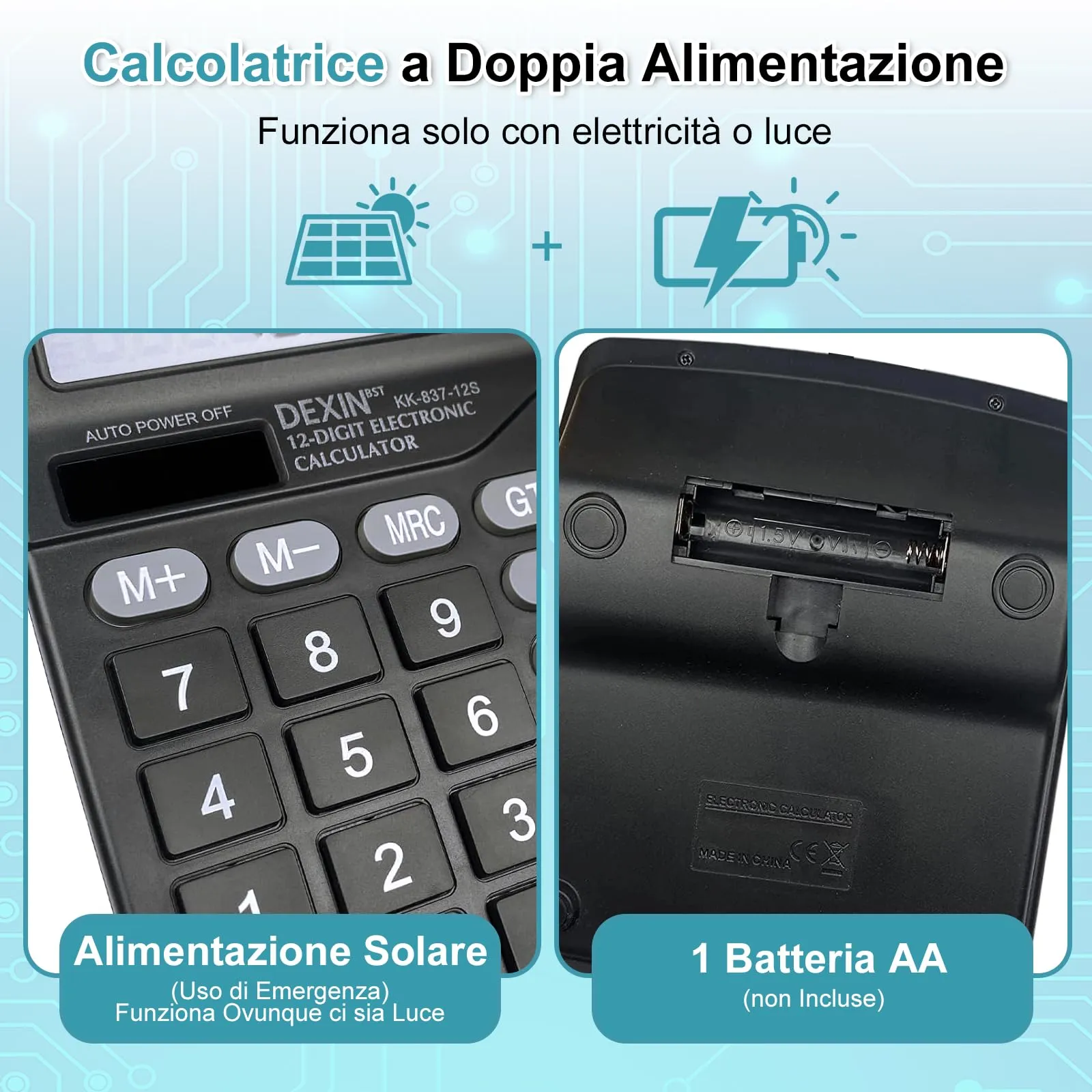 Thalire Calcolatrice da Tavolo 12 Cifre, Doppia Alimentazione, Set da 2 Pezzi - Nero & Azzurro Cielo - immagine 3