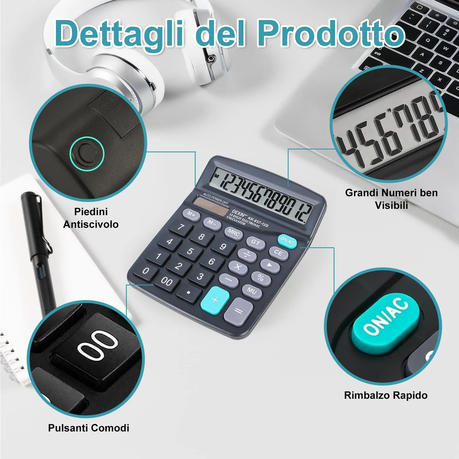 Thalire Calcolatrice da Tavolo 12 Cifre, Doppia Alimentazione, Set da 2 Pezzi - Nero & Azzurro Cielo - immagine 4