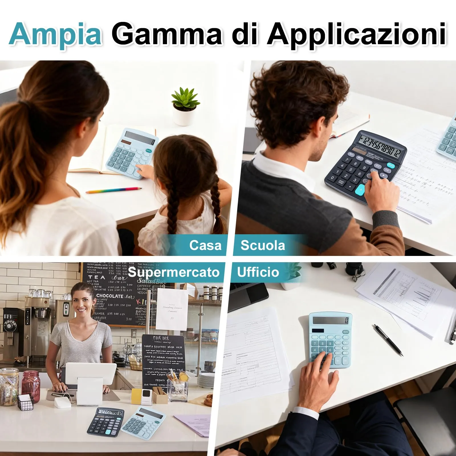 Thalire Calcolatrice da Tavolo 12 Cifre, Doppia Alimentazione, Set da 2 Pezzi - Nero & Azzurro Cielo - immagine 7