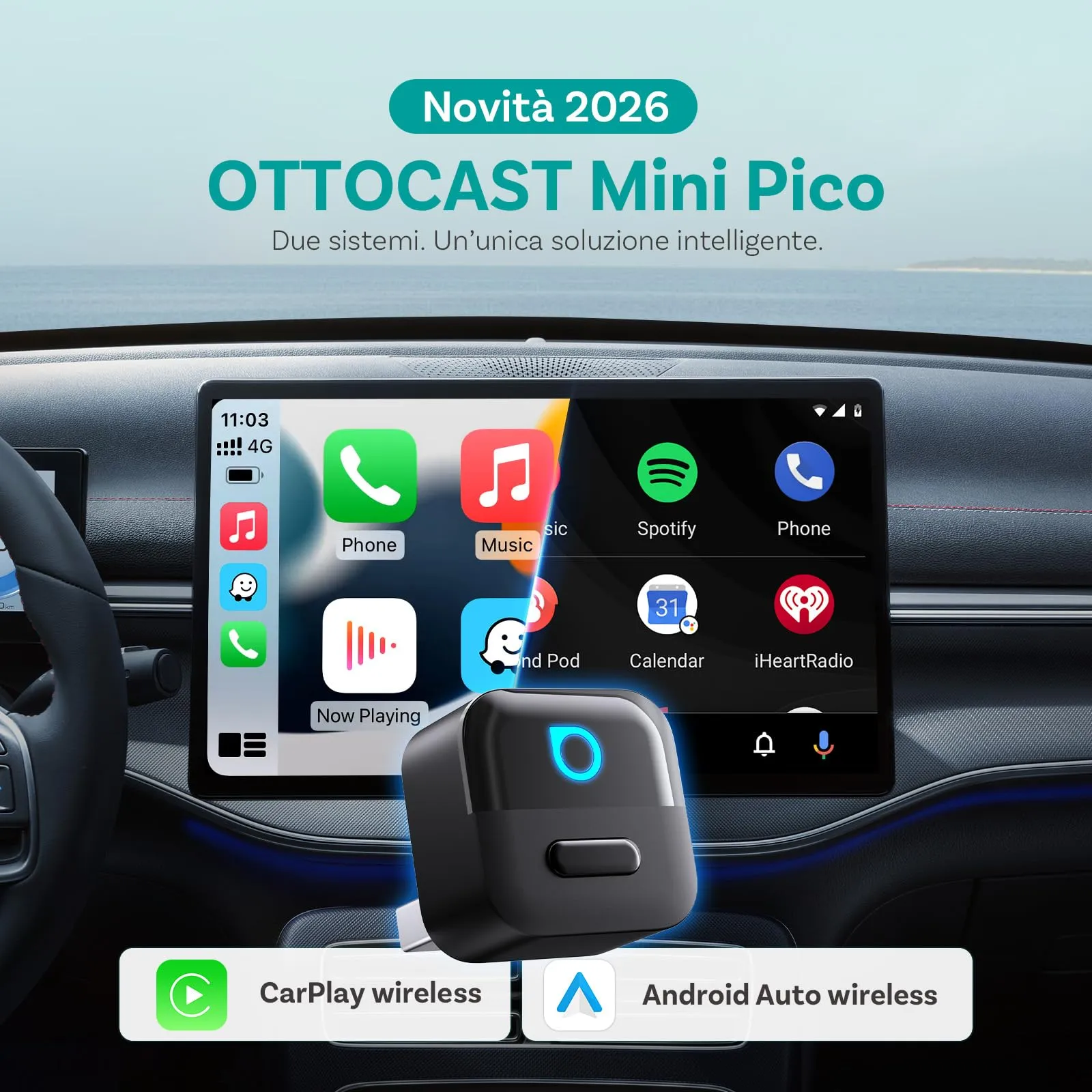 OTTOCAST Mini Pico 2 in 1 Wireless Adattatore CarPlay e Android Auto, WiFi 6, Bluetooth 5.4, Nero - immagine 2