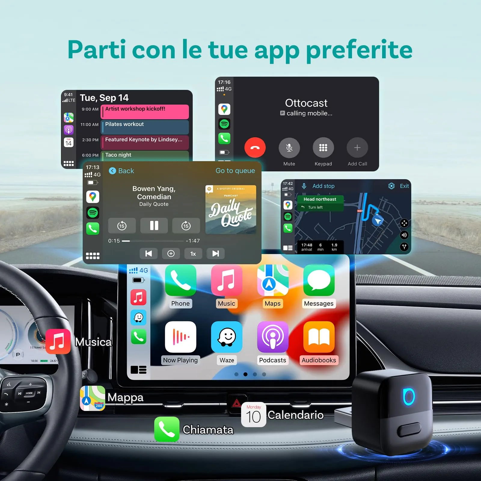 OTTOCAST Mini Pico 2 in 1 Wireless Adattatore CarPlay e Android Auto, WiFi 6, Bluetooth 5.4, Nero - immagine 3