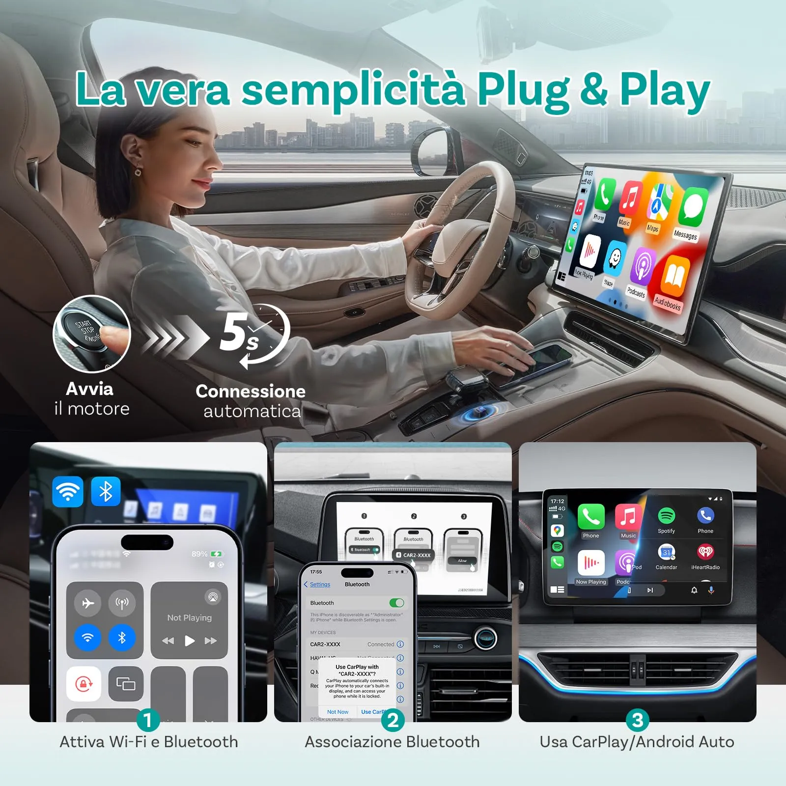 OTTOCAST Mini Pico 2 in 1 Wireless Adattatore CarPlay e Android Auto, WiFi 6, Bluetooth 5.4, Nero - immagine 7
