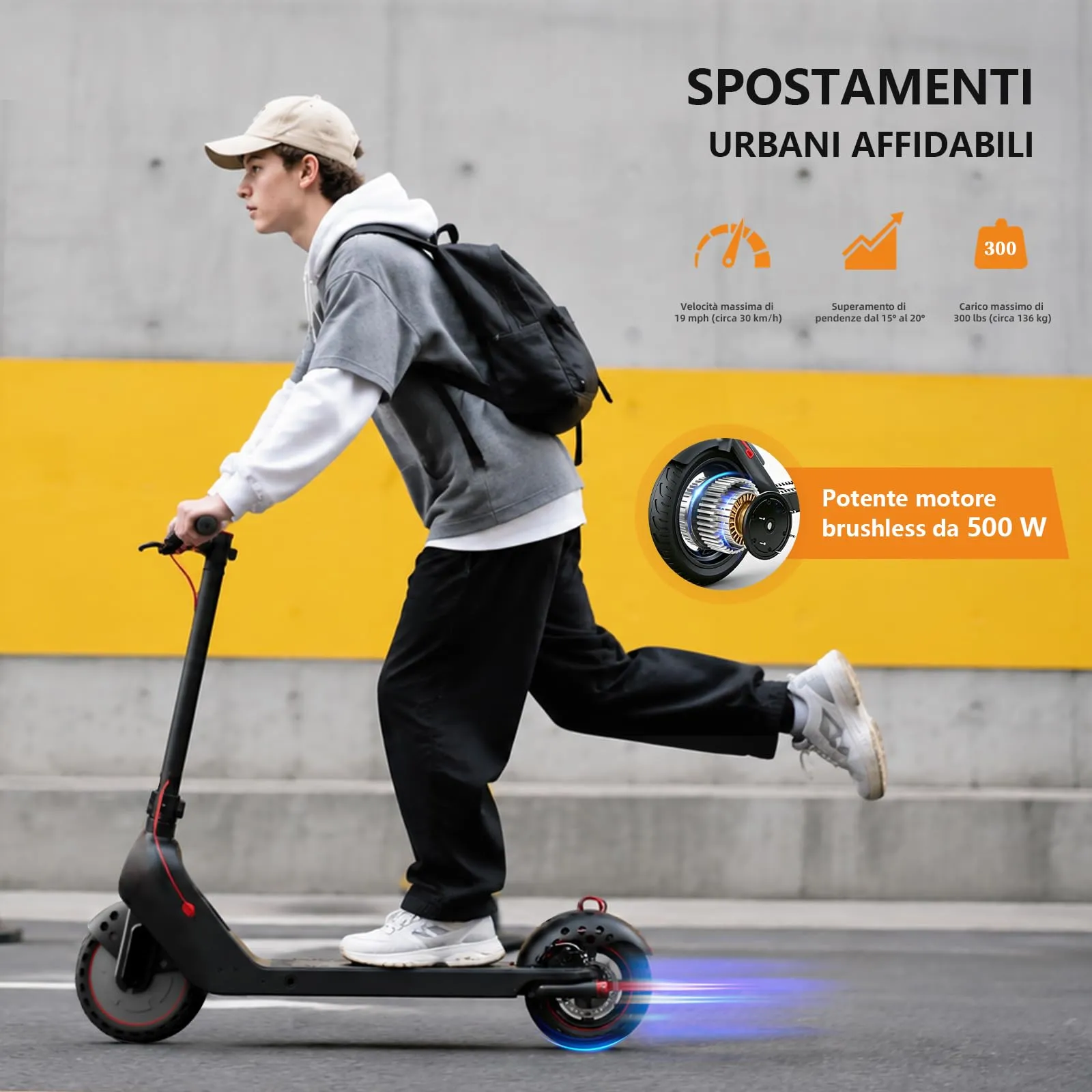 UrbanFish Monopattino Elettrico Adulto 500W, 36V 7.8Ah, 25 km/h, Autonomia 35km, Pneumatici 8.5", Nero - immagine 2