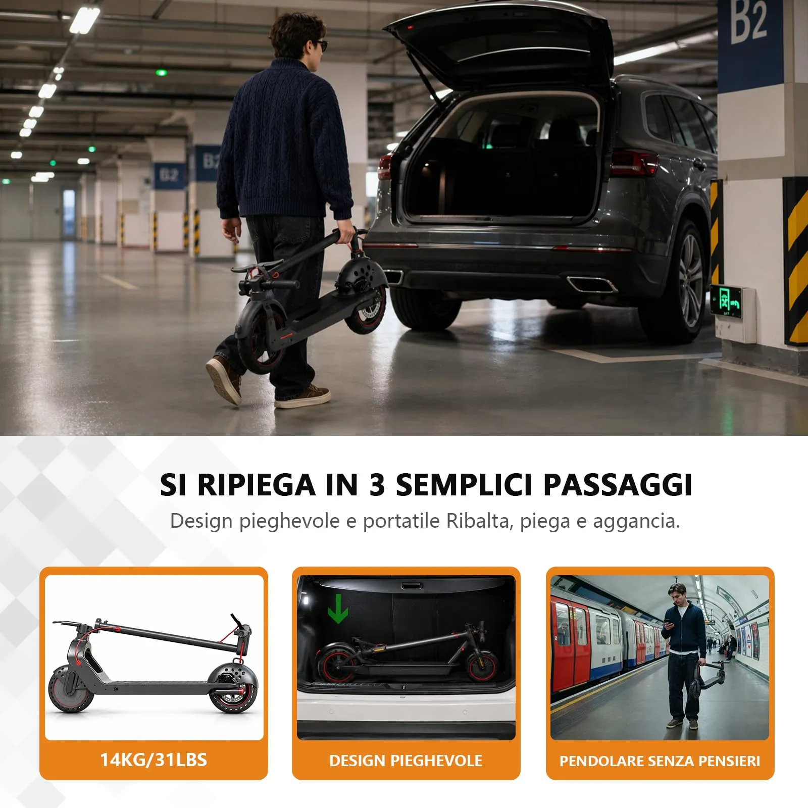 UrbanFish Monopattino Elettrico Adulto 500W, 36V 7.8Ah, 25 km/h, Autonomia 35km, Pneumatici 8.5", Nero - immagine 5