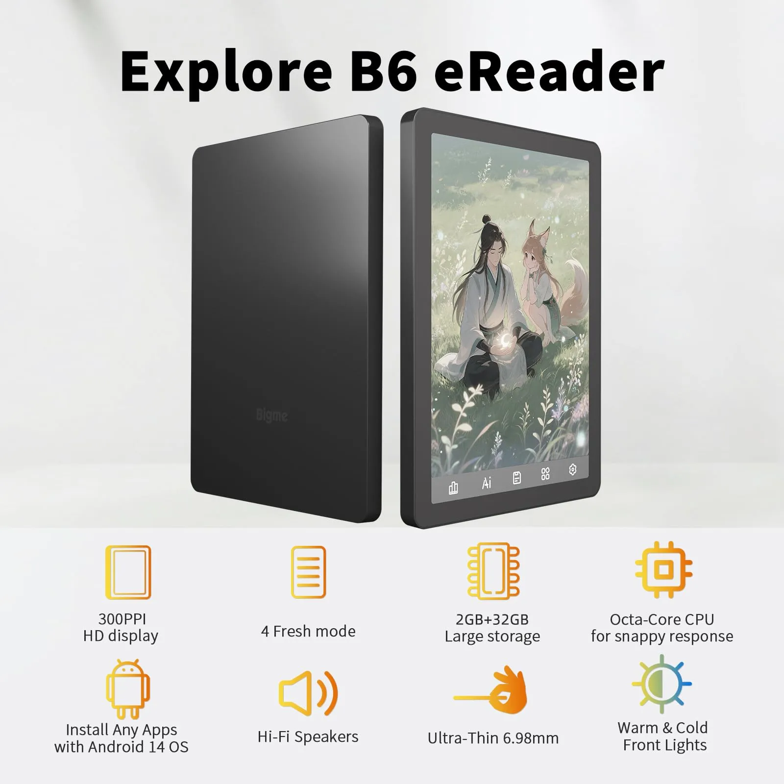 Bigme B6 E-Reader a colori, 6 pollici, Android 14, 2GB RAM, 32GB, Nero - immagine 7