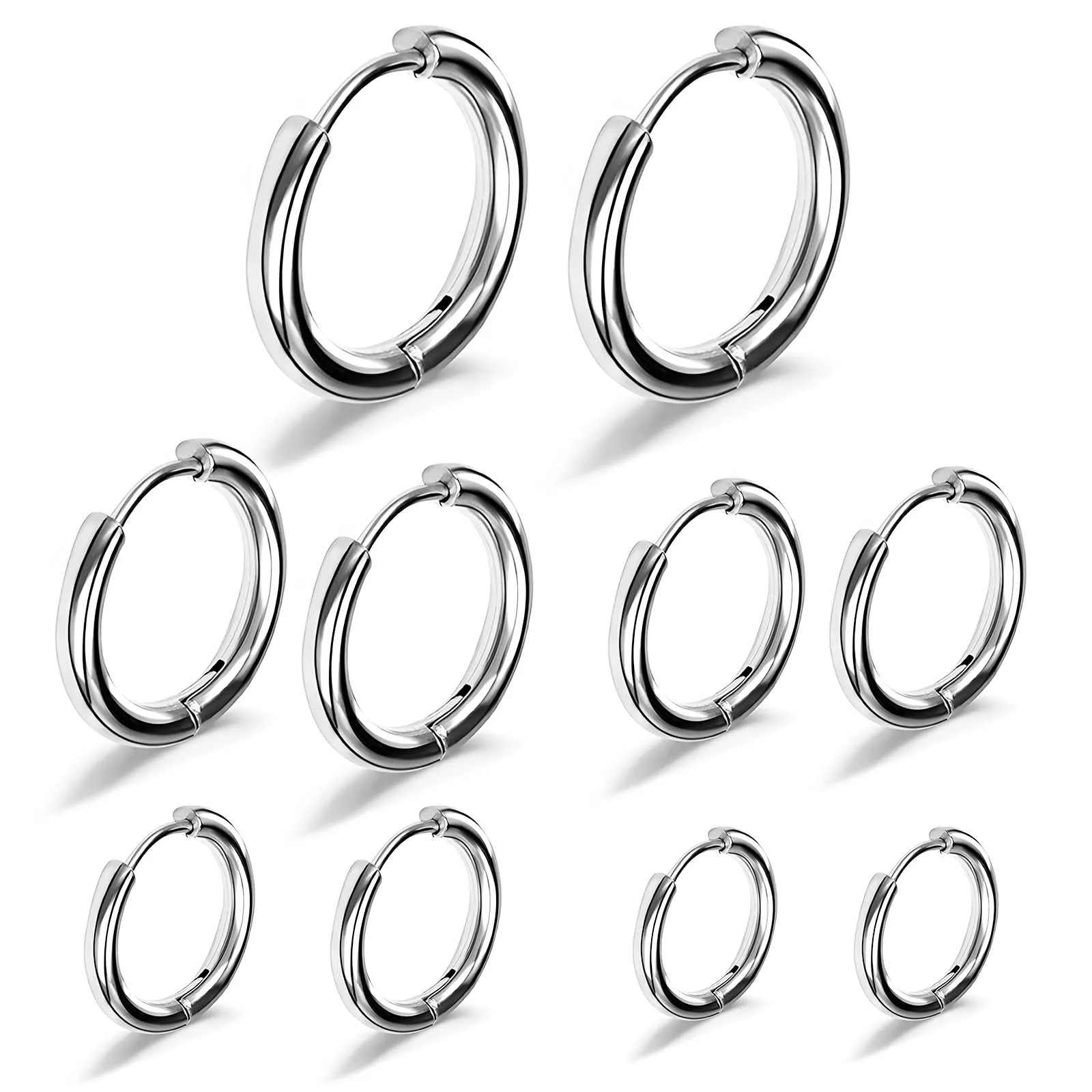 Leikedun 5 Paia di Orecchini a Cerchio in Acciaio Inossidabile, Argento, 8mm 10mm 12mm 14mm 16mm - immagine 1