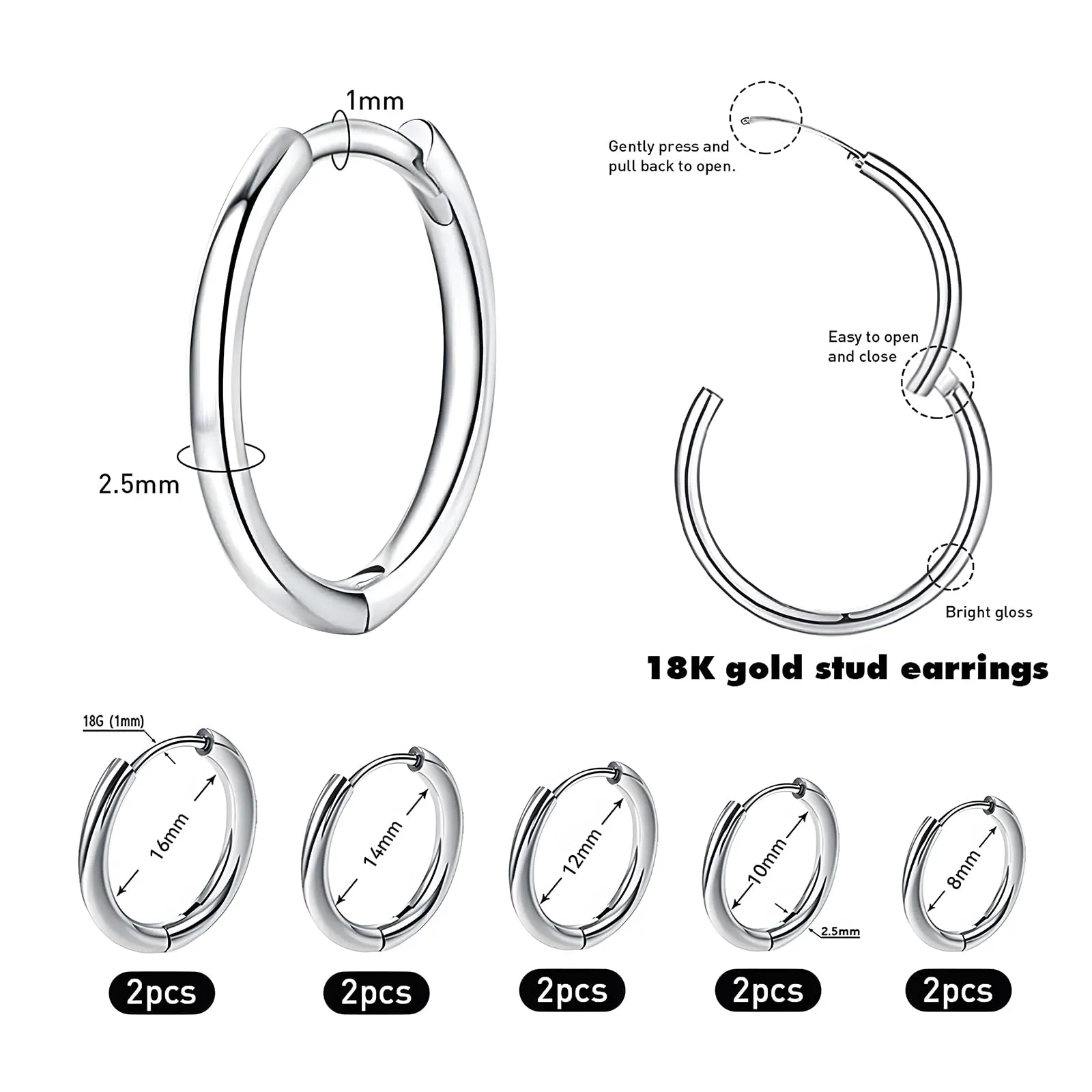 Leikedun 5 Paia di Orecchini a Cerchio in Acciaio Inossidabile, Argento, 8mm 10mm 12mm 14mm 16mm - immagine 2