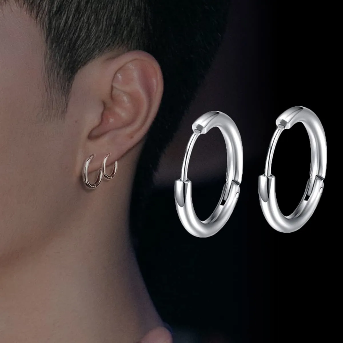 Leikedun 5 Paia di Orecchini a Cerchio in Acciaio Inossidabile, Argento, 8mm 10mm 12mm 14mm 16mm - immagine 4