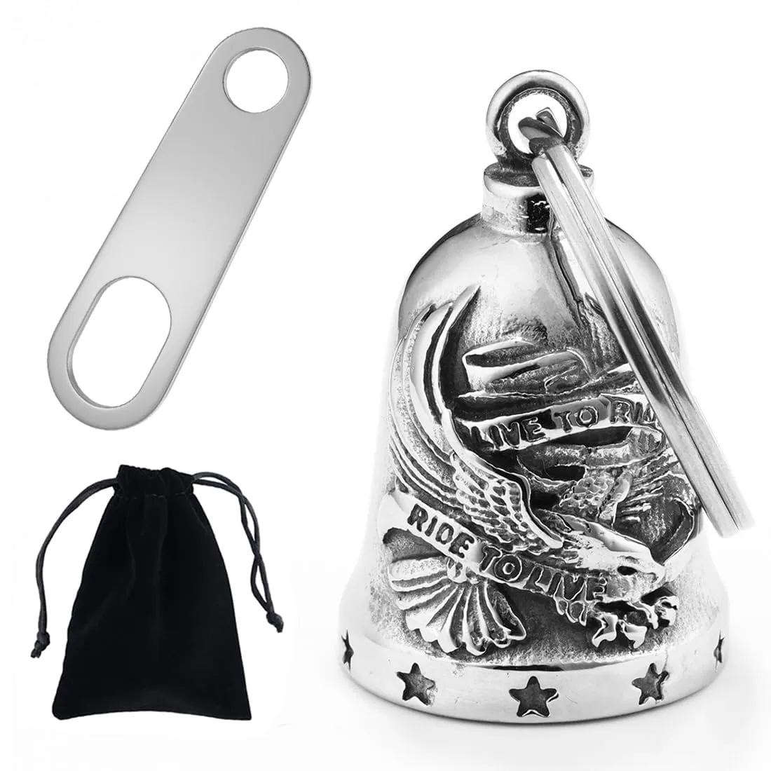 Leiwee Campana Portafortuna Moto Guardian Bell in Lega di Zinco con Incisione 3D Aquila e Frase Biker (Argento) - immagine 1