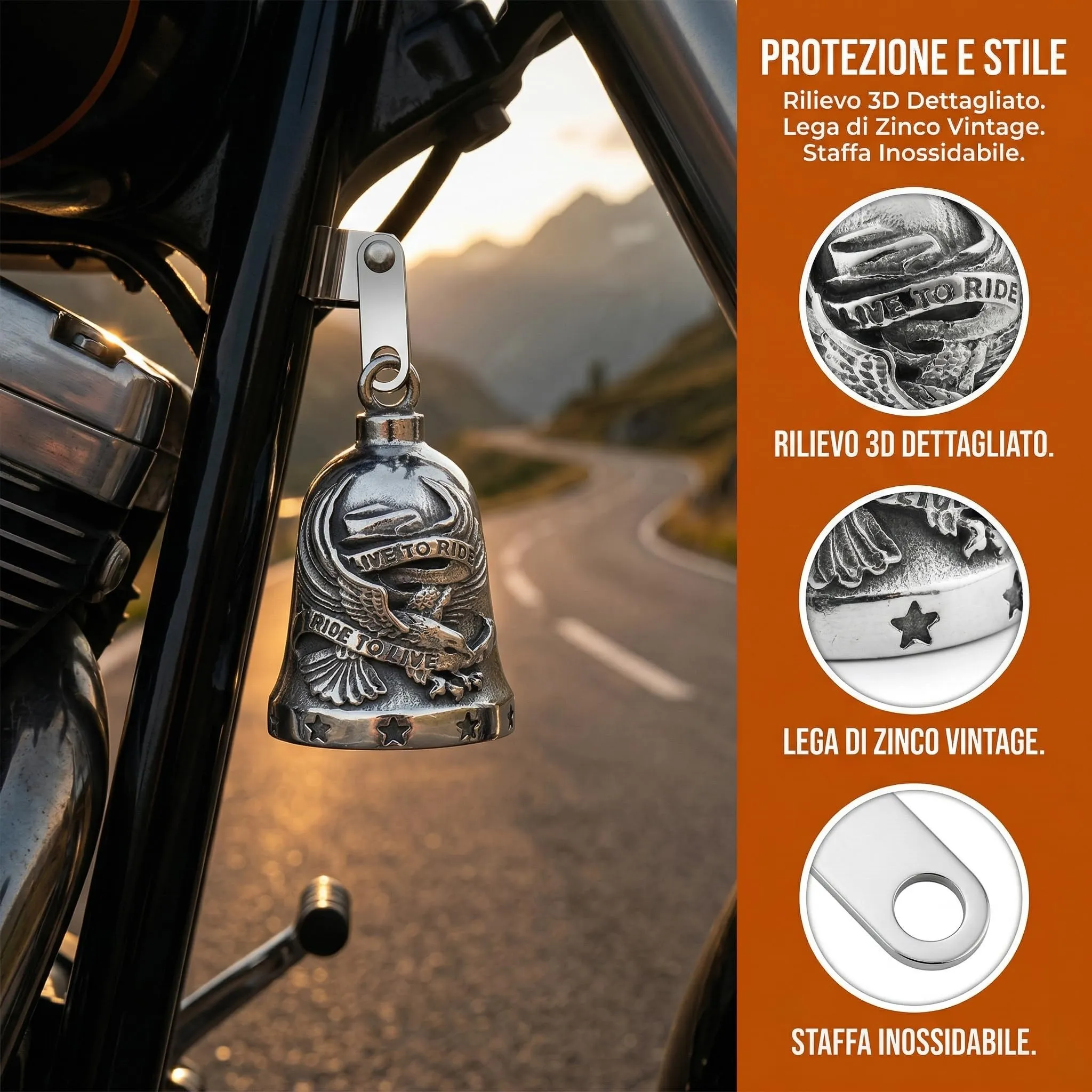 Leiwee Campana Portafortuna Moto Guardian Bell in Lega di Zinco con Incisione 3D Aquila e Frase Biker (Argento) - immagine 2