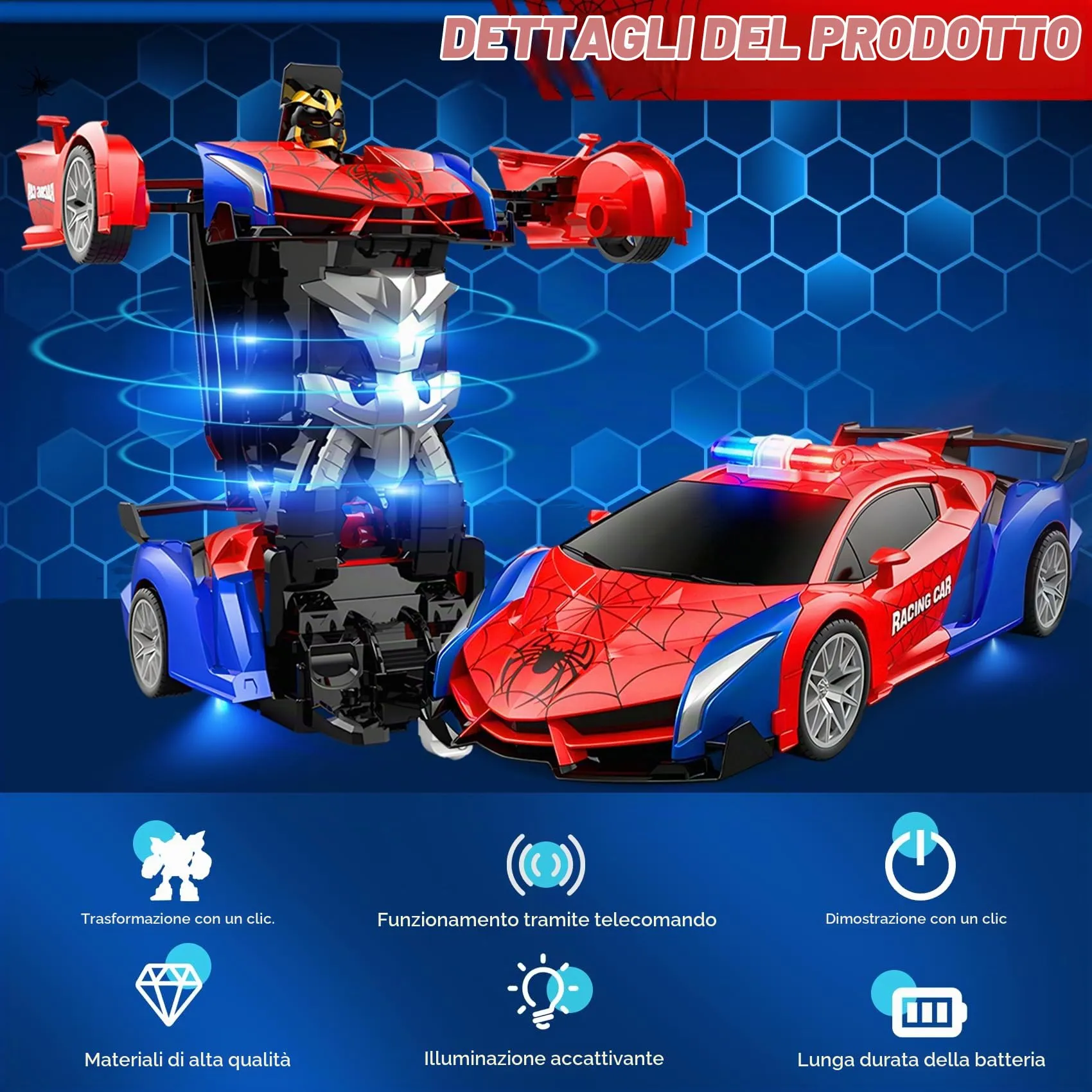 LTFIOON Macchina Telecomandata Spider 2.4GHz Robot Trasformabile 2 in 1 Auto Polizia per Bambini - immagine 3