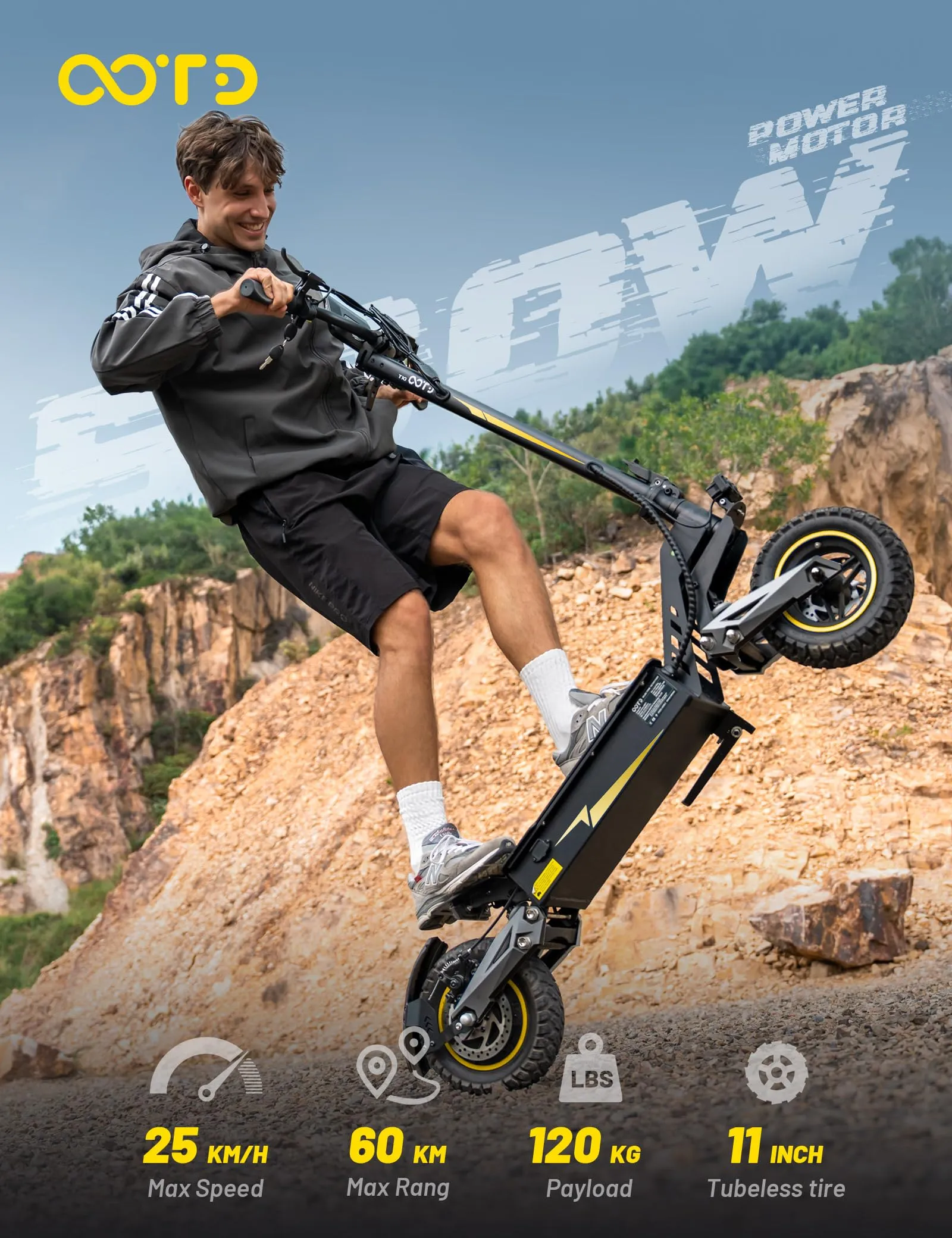 OOTD T10 Monopattino Elettrico Adulto, Scooter Elettrico Pieghevole, 11 Pollici, Autonomia 60KM, Display HD, Doppio Freno a Disco, Ammortizzatori, Pneumatico Semi Off Road Tubeless, Black-Gray - immagine 2