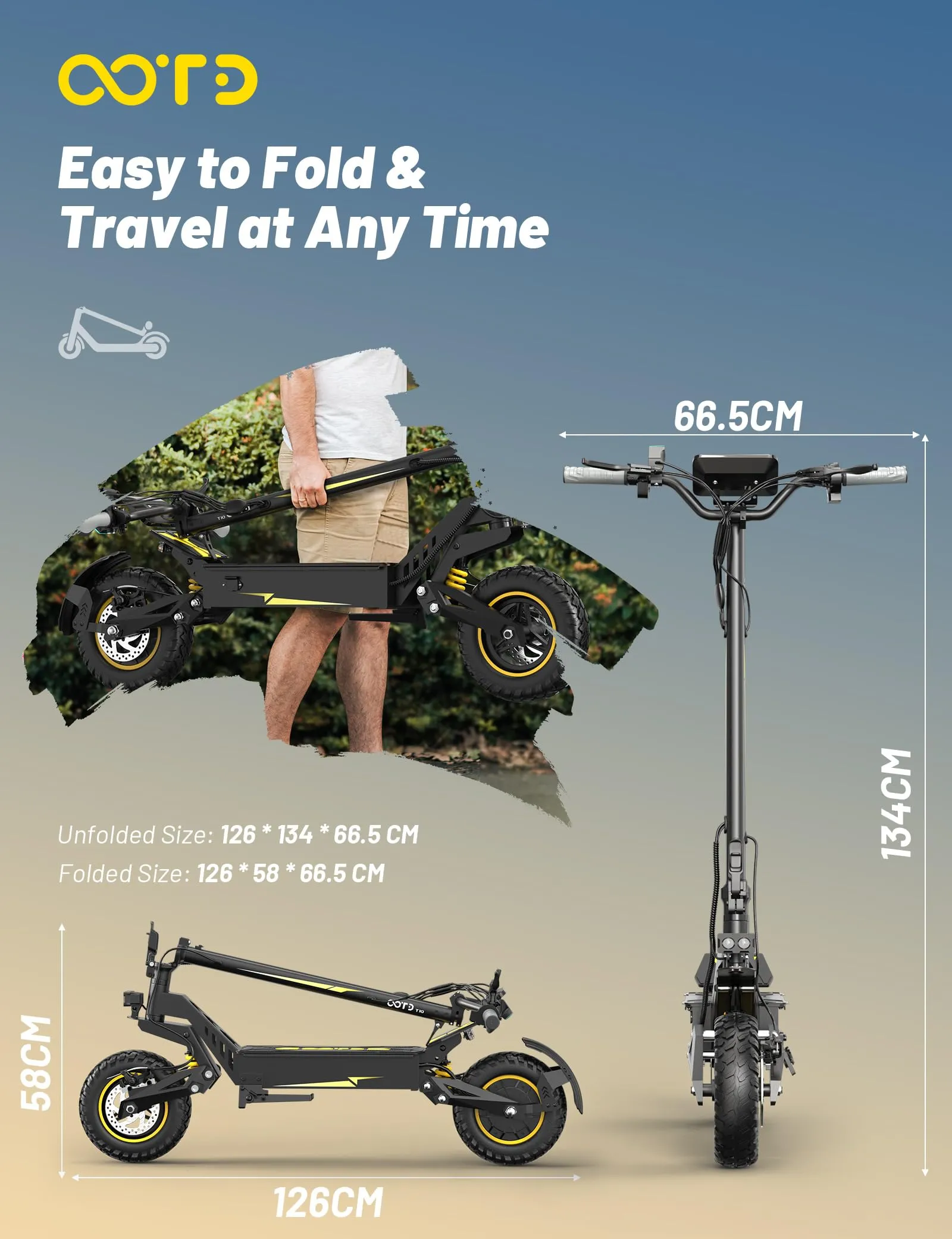 OOTD T10 Monopattino Elettrico Adulto, Scooter Elettrico Pieghevole, 11 Pollici, Autonomia 60KM, Display HD, Doppio Freno a Disco, Ammortizzatori, Pneumatico Semi Off Road Tubeless, Black-Gray - immagine 6