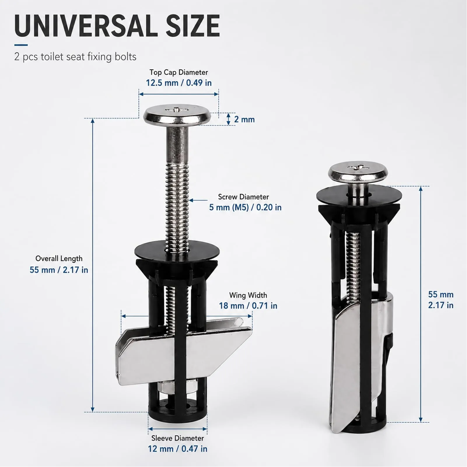 YIPFEN Bulloni Universali per Sedile WC, Kit di Fissaggio per Tavoletta WC, Set di Sostituzione per Cerniere Superiori, 2 Pezzi, 55mm - immagine 5