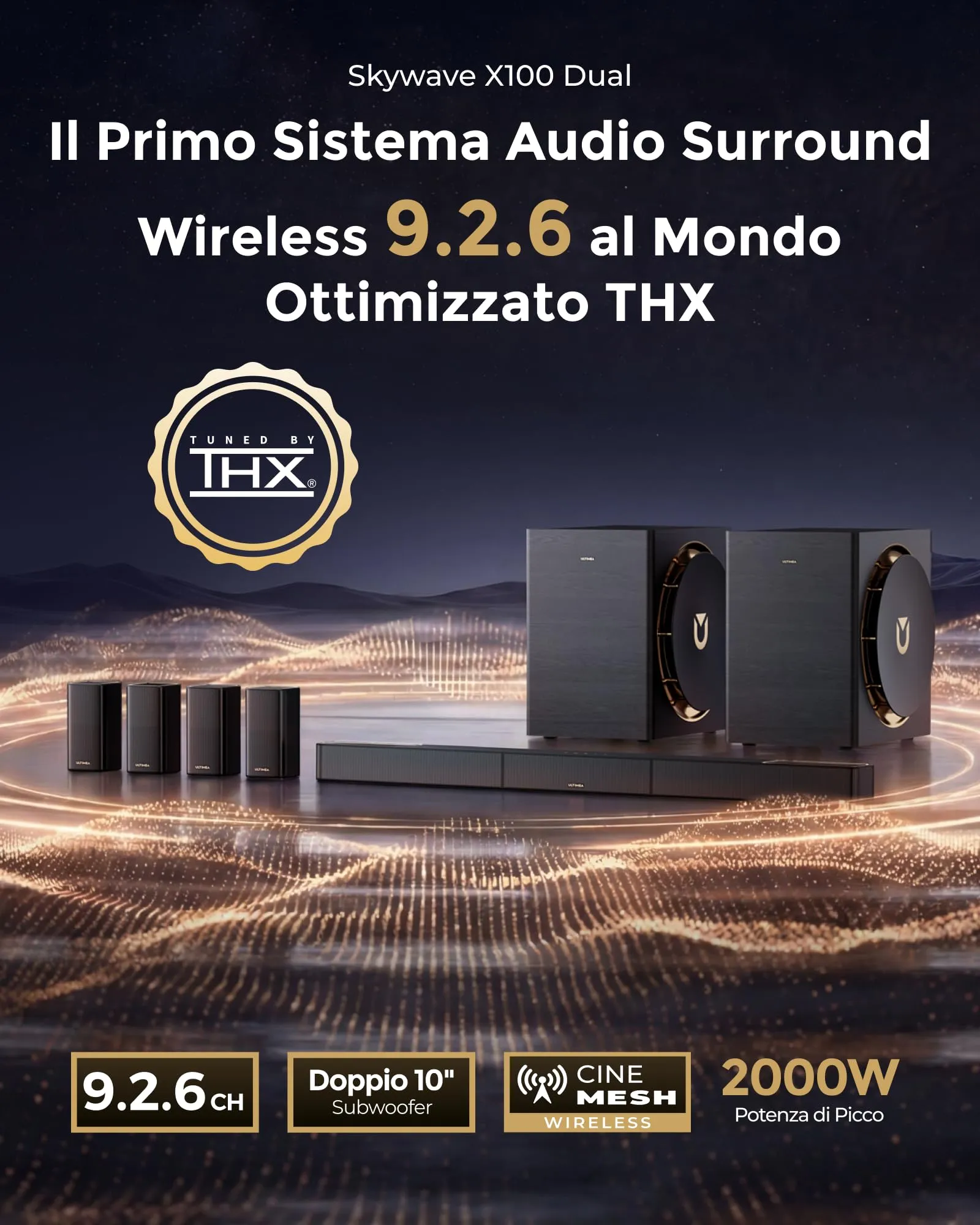 ULTIMEA Skywave X100 Dual 9.2.6 Wireless Soundbar System with THX, Dolby Atmos, DTS:X, Dual 10” Subwoofers, 18 Hz Bass, 2000W and 8K Pass-through - immagine 2