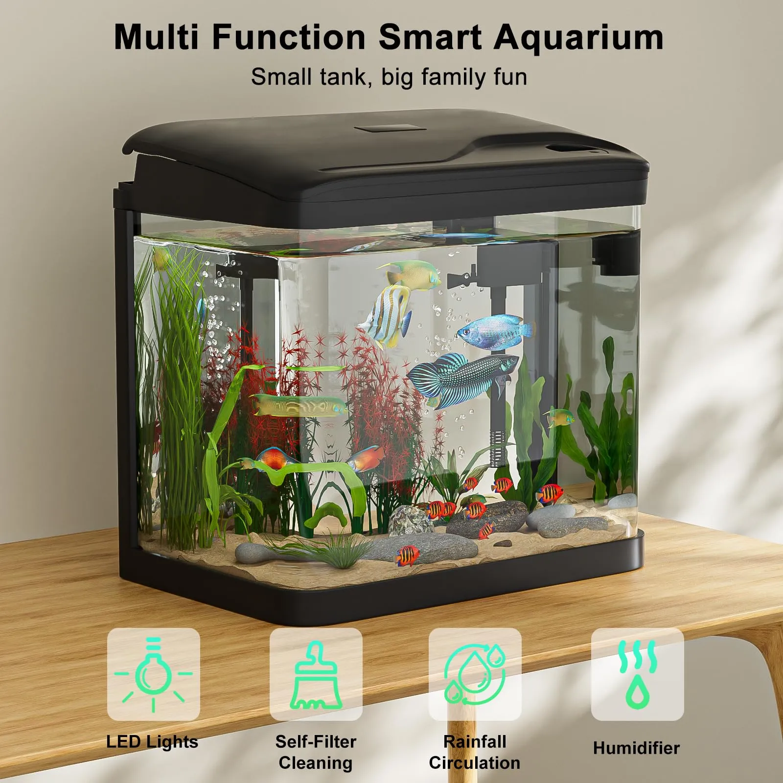 GuKKK Mini Acquario Completo in Vetro con Illuminazione a LED e Sistema di Filtraggio, 6L, Nero - immagine 2