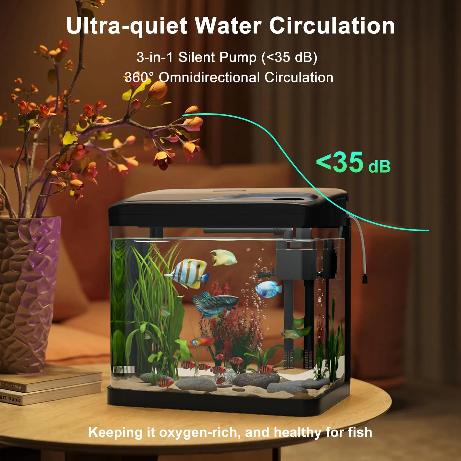 GuKKK Mini Acquario Completo in Vetro con Illuminazione a LED e Sistema di Filtraggio, 6L, Nero - immagine 3