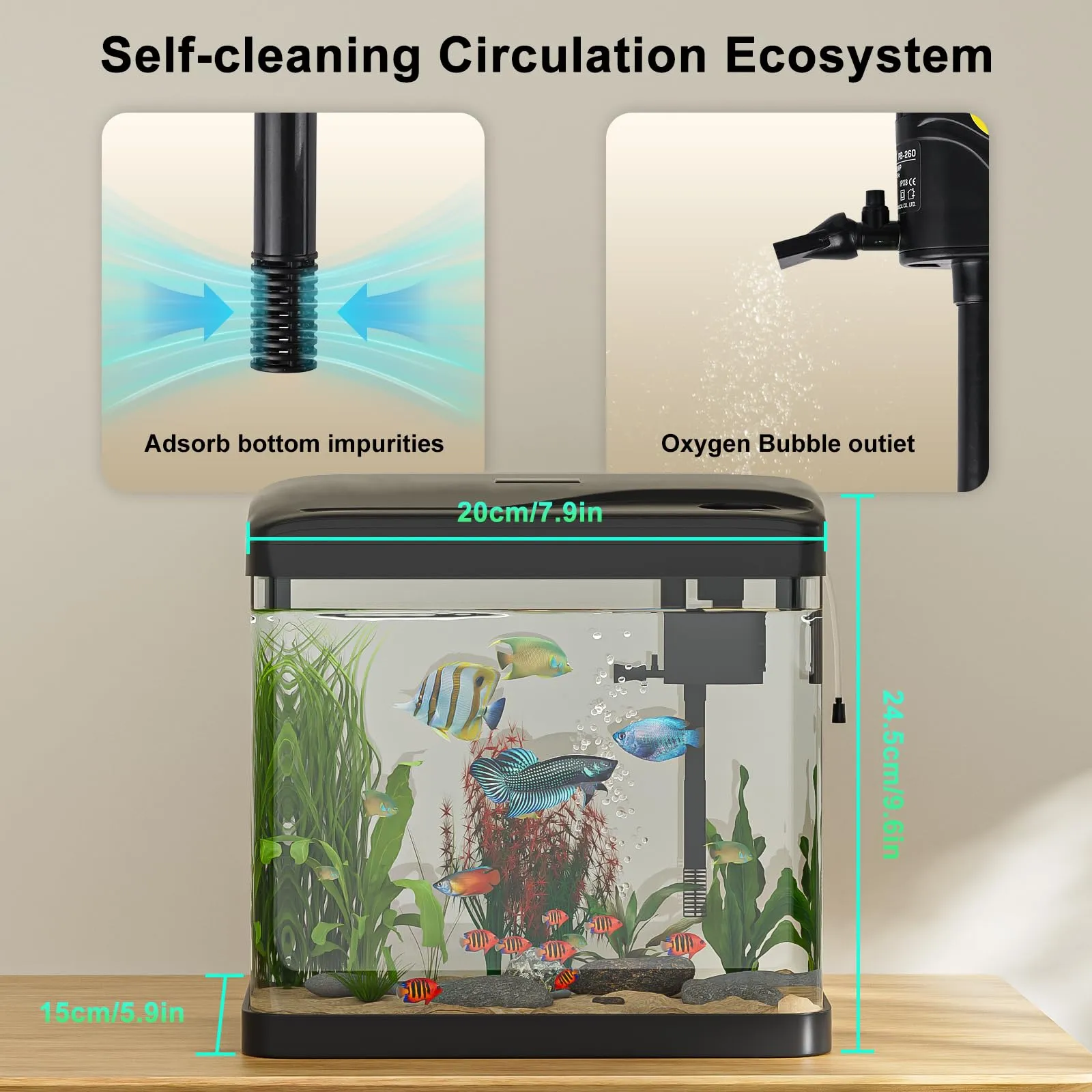 GuKKK Mini Acquario Completo in Vetro con Illuminazione a LED e Sistema di Filtraggio, 6L, Nero - immagine 4