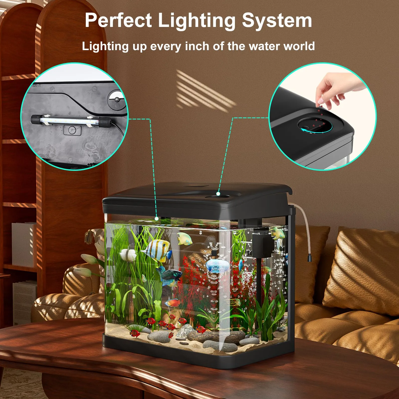GuKKK Mini Acquario Completo in Vetro con Illuminazione a LED e Sistema di Filtraggio, 6L, Nero - immagine 5