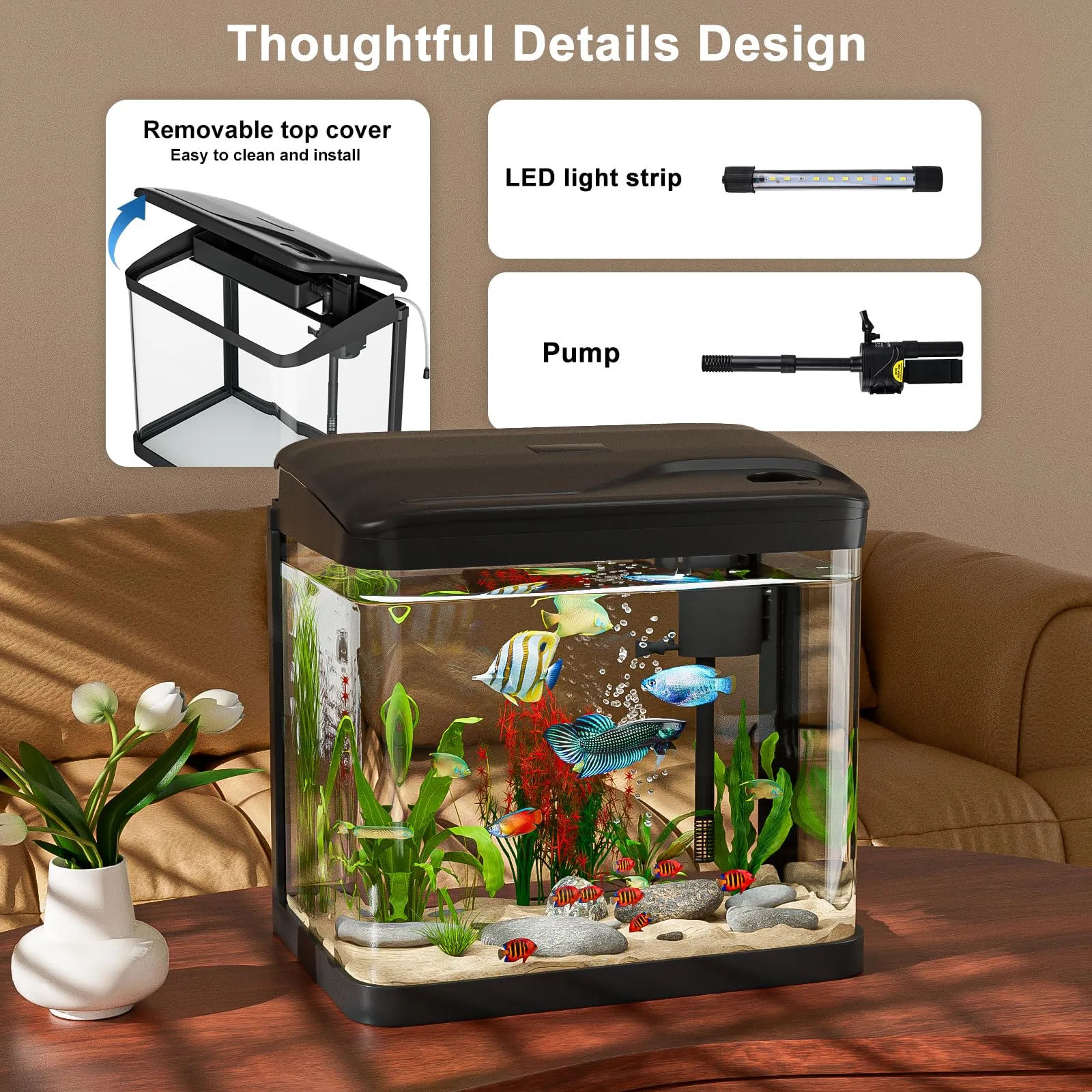GuKKK Mini Acquario Completo in Vetro con Illuminazione a LED e Sistema di Filtraggio, 6L, Nero - immagine 6