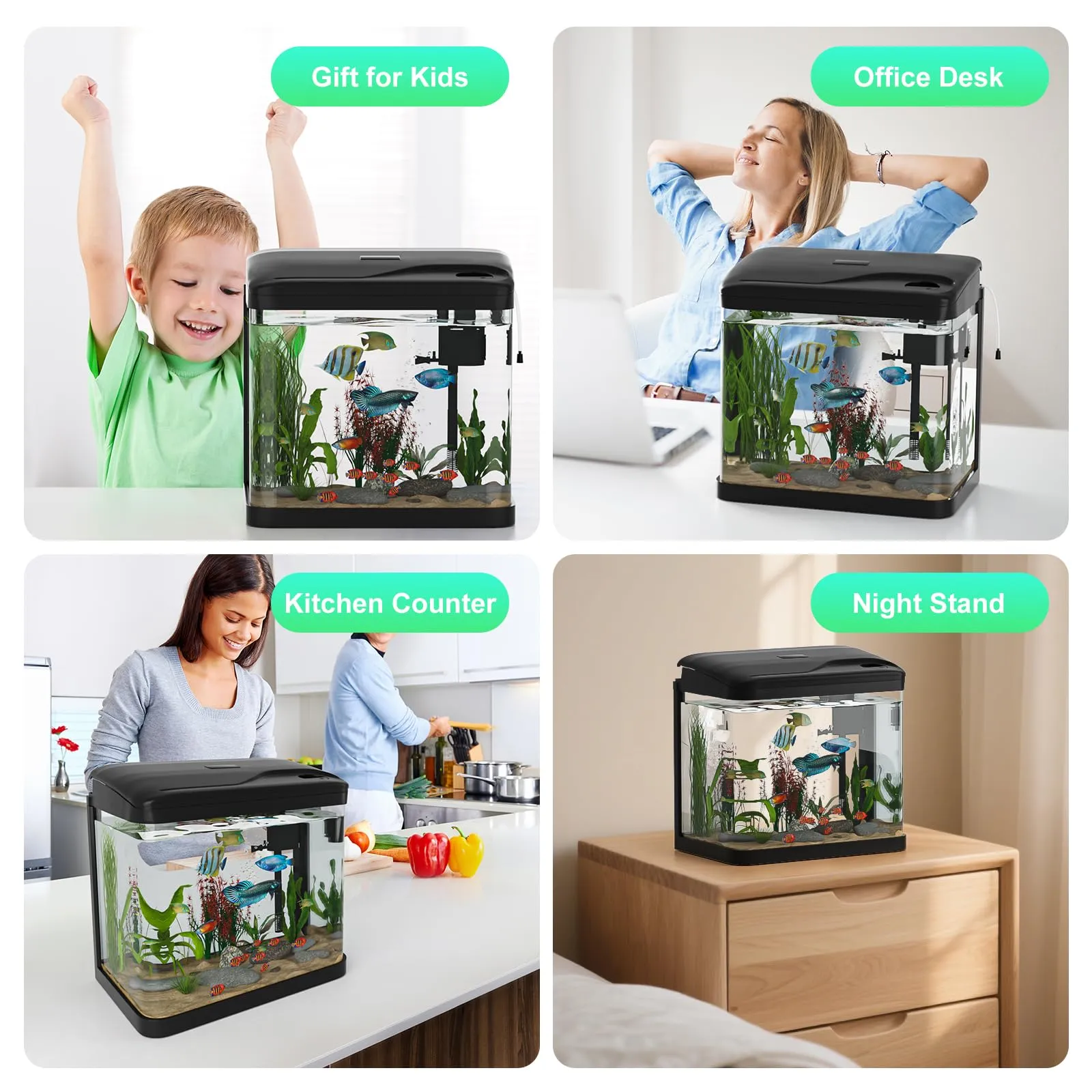 GuKKK Mini Acquario Completo in Vetro con Illuminazione a LED e Sistema di Filtraggio, 6L, Nero - immagine 7