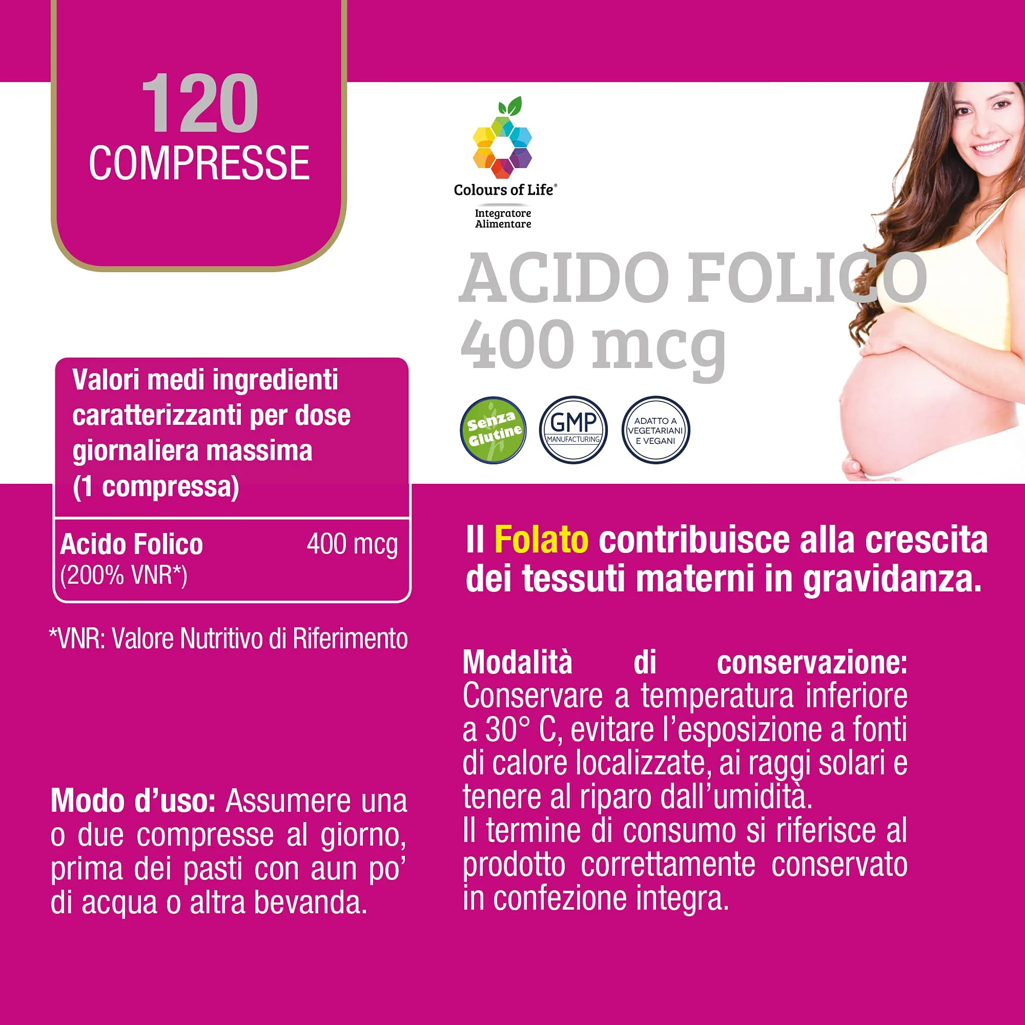 Colours of Life Acido Folico 400 mcg, 120 Compresse - immagine 4