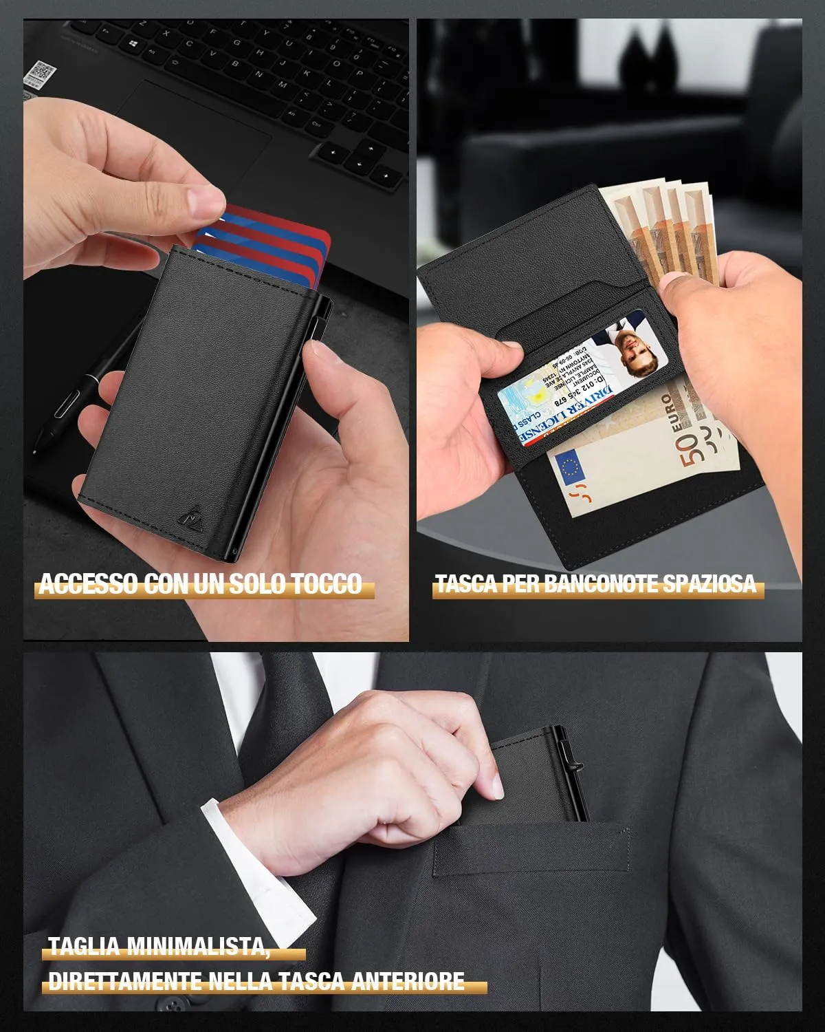 dwnkove Portafoglio Uomo Slim in Pelle con Blocco RFID, Chiusura Magnetica e Custodia Carte Pop-up, Nero - immagine 4
