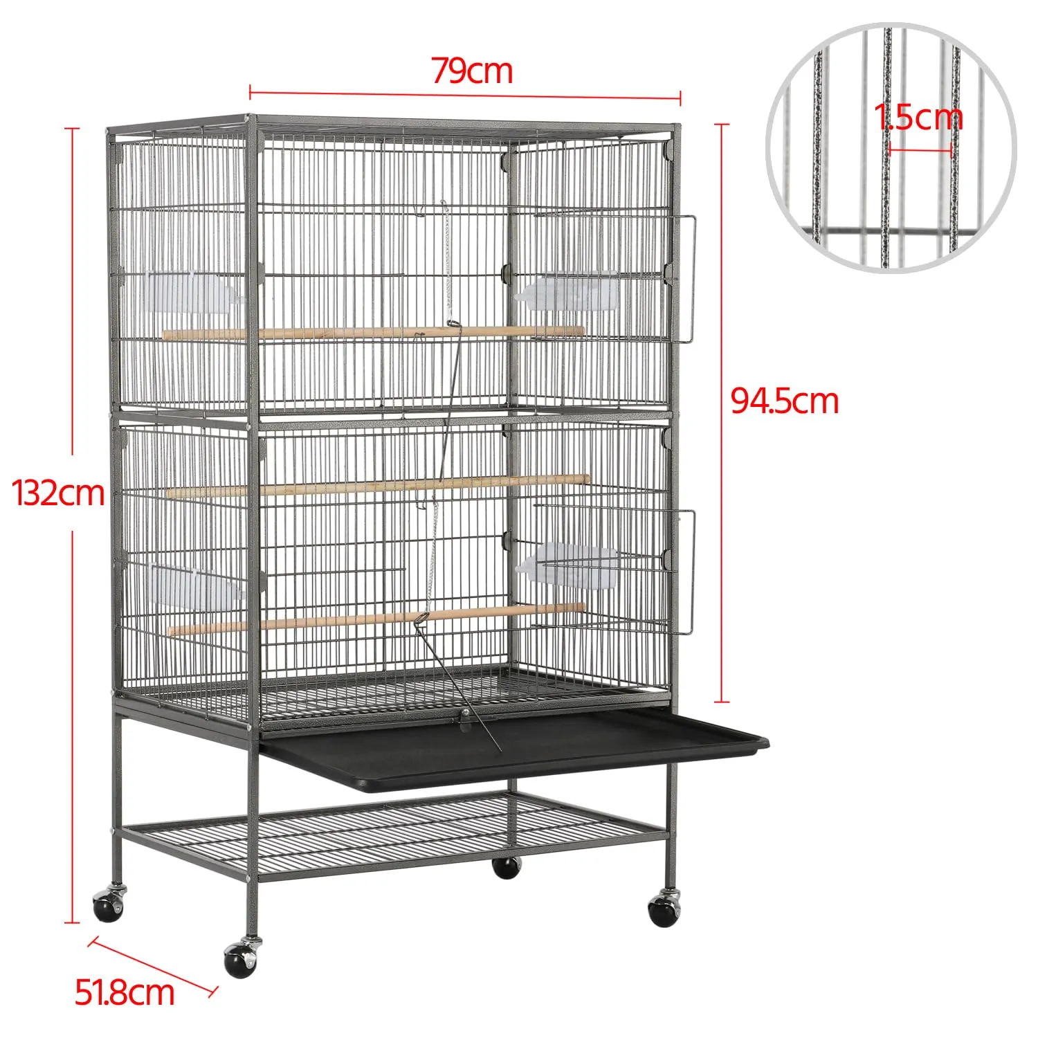 Yaheetech Gabbia Voliera per Uccelli con Ruote, 79 x 51,8 x 132 cm, Nero - immagine 4