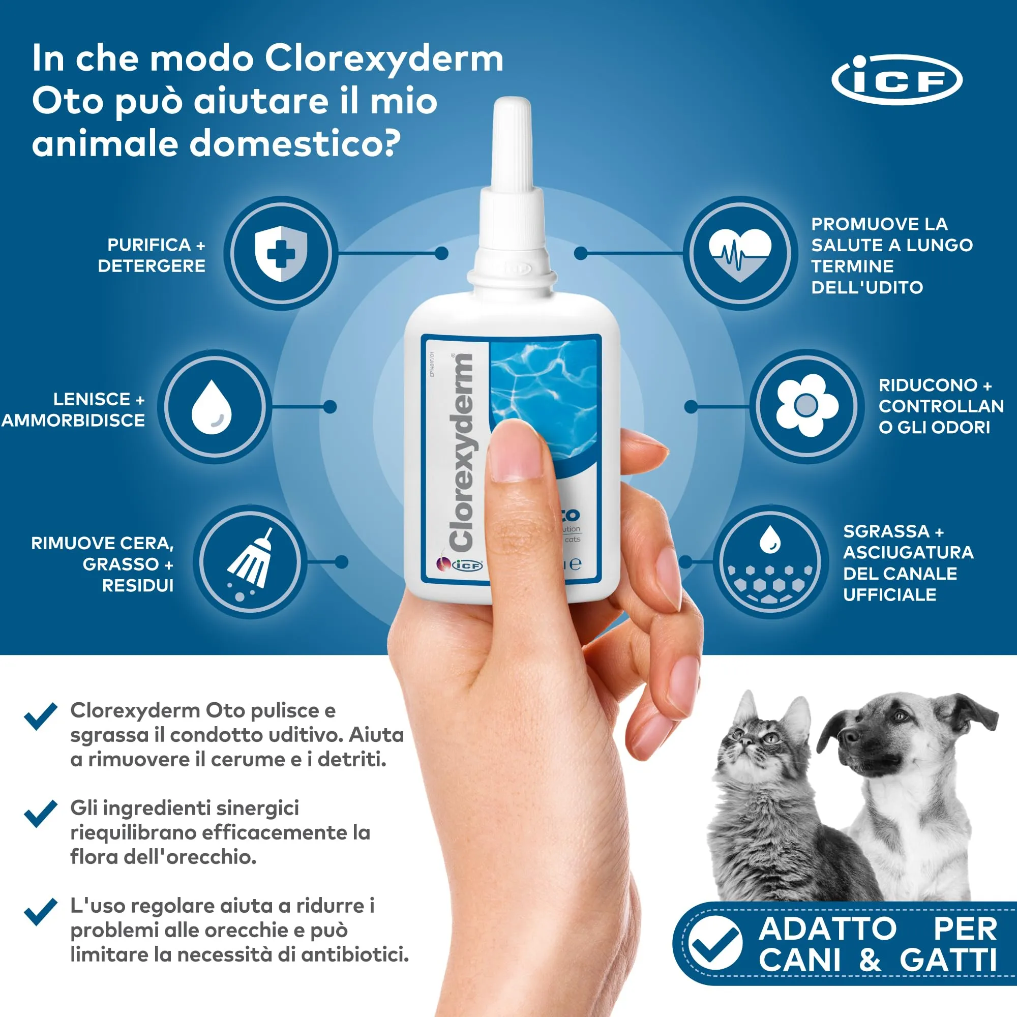 ICF Clorexyderm OTO, Soluzione per la Pulizia delle Orecchie di Cani e Gatti, 150 ml - immagine 2