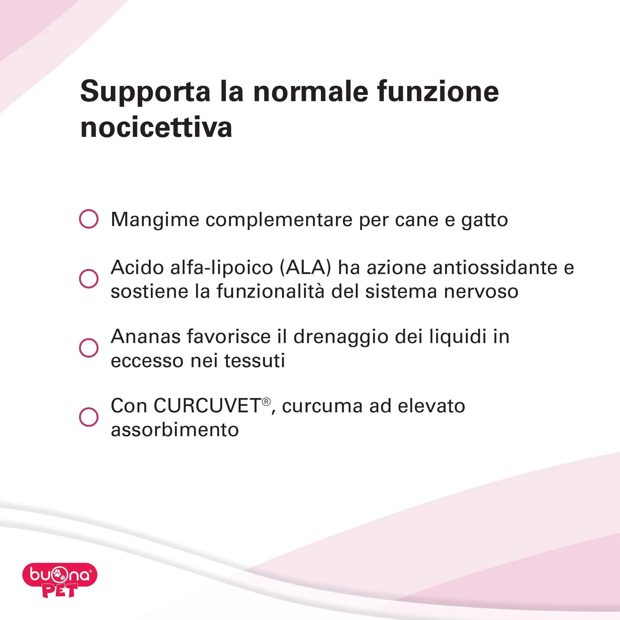 Buona Pet Dolorina Mangime Complementare per Cani e Gatti con Boswellia, Salice Bianco, Acido Alfa Lipoico, Semi di Canapa e Ananas, 20 Compresse - immagine 2