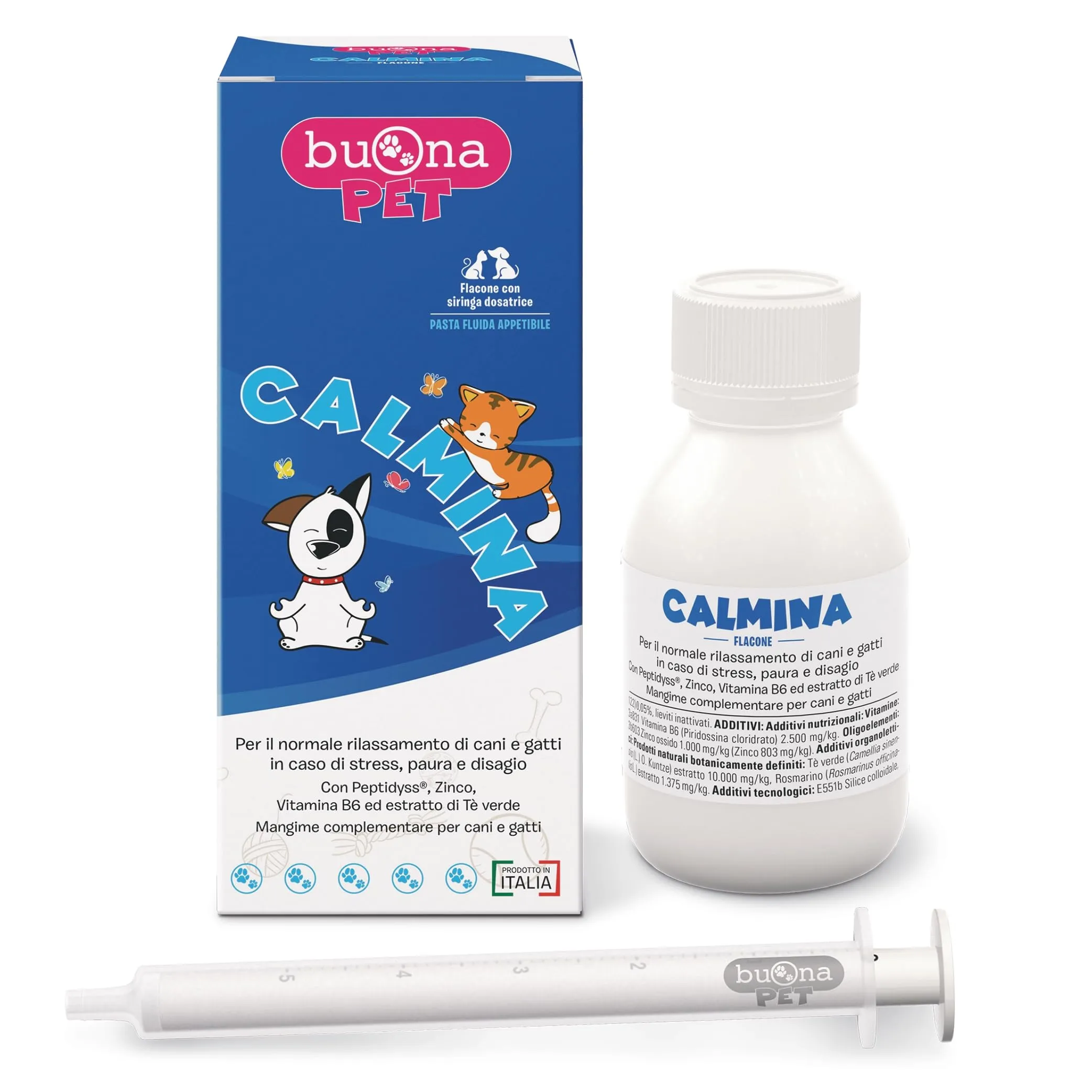 Buona Pet Calmina Mangime Complementare per Cani e Gatti con Peptidyss, Zinco, Vitamina B6, Tè Verde e Griffonia, 60g con Siringa - immagine 1