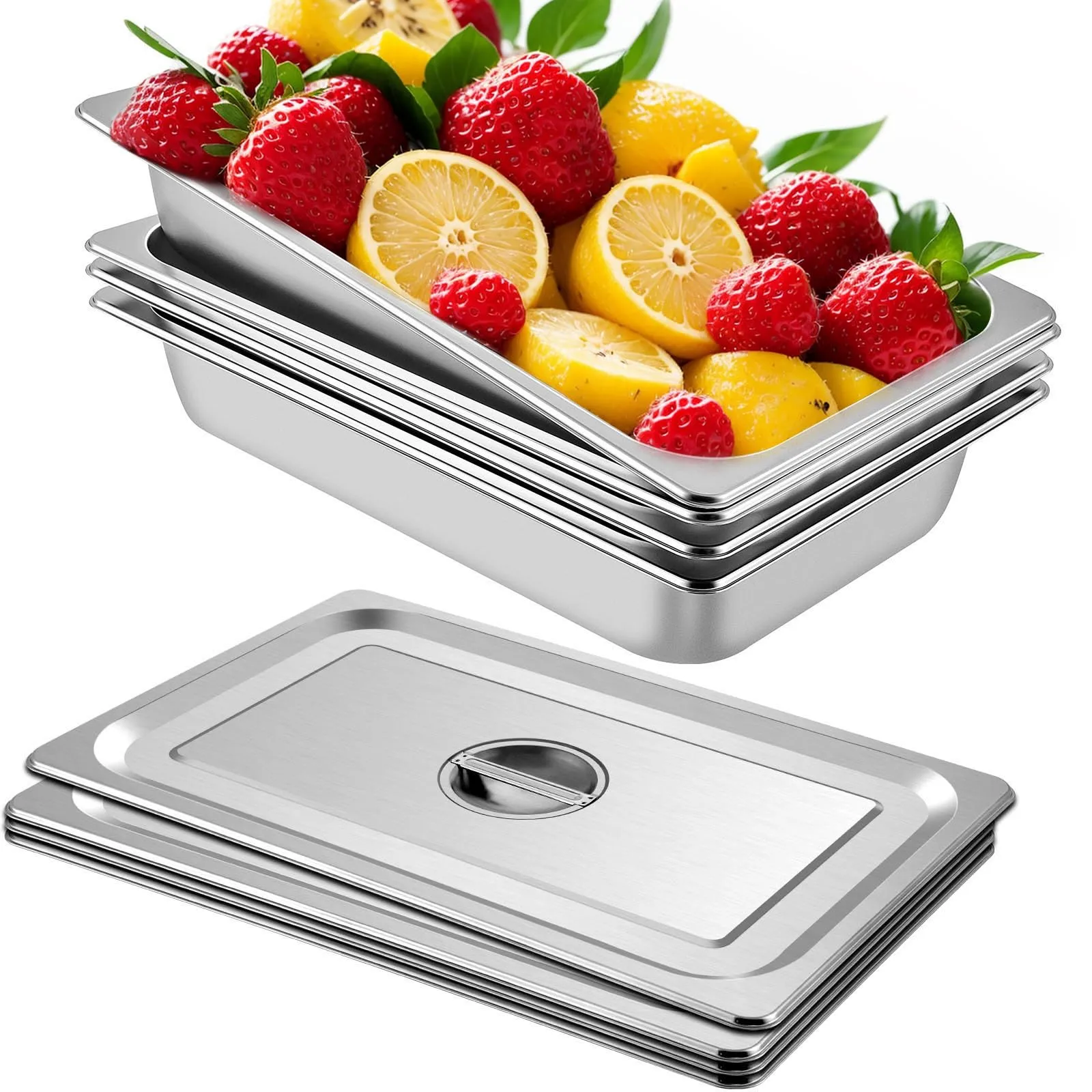 VEVOR Vassoio Rettangolare in Acciaio Inossidabile 13L con Coperchio, 530x325x100mm, Set da 4 Pezzi - immagine 1