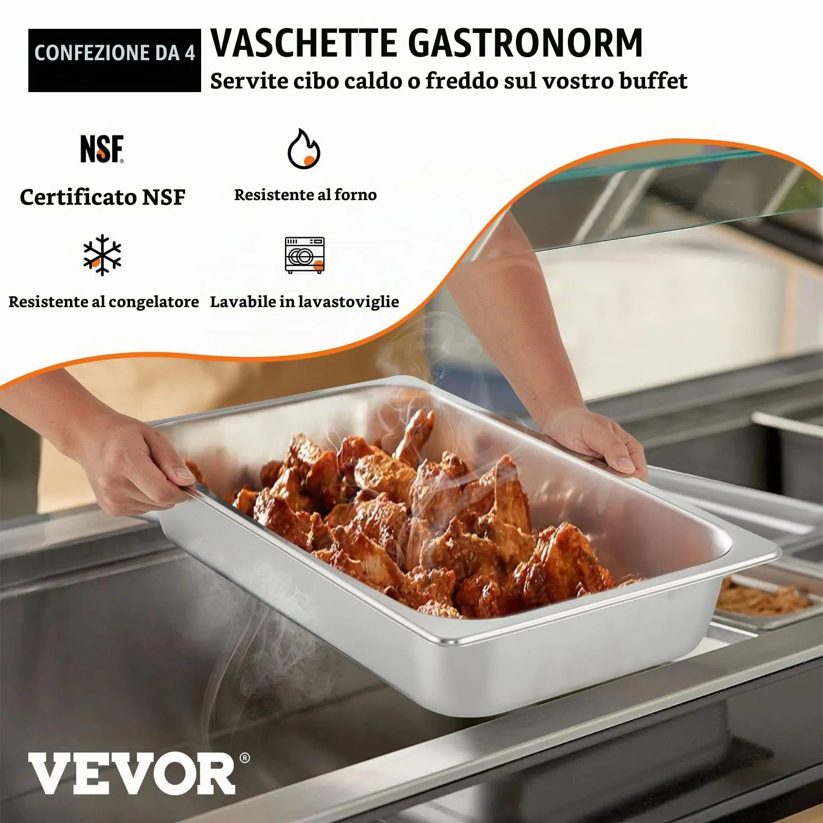 VEVOR Vassoio Rettangolare in Acciaio Inossidabile 13L con Coperchio, 530x325x100mm, Set da 4 Pezzi - immagine 2