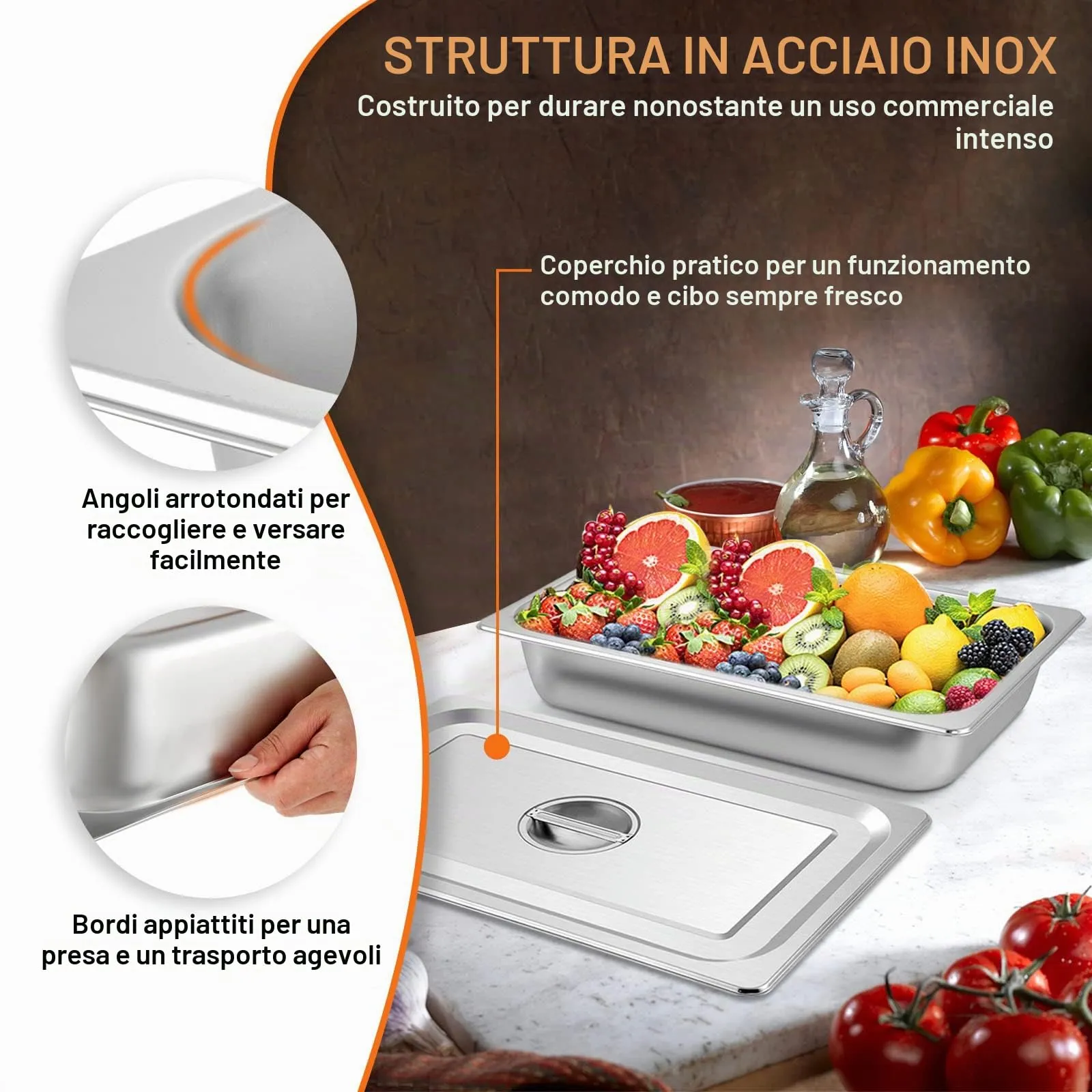 VEVOR Vassoio Rettangolare in Acciaio Inossidabile 13L con Coperchio, 530x325x100mm, Set da 4 Pezzi - immagine 3